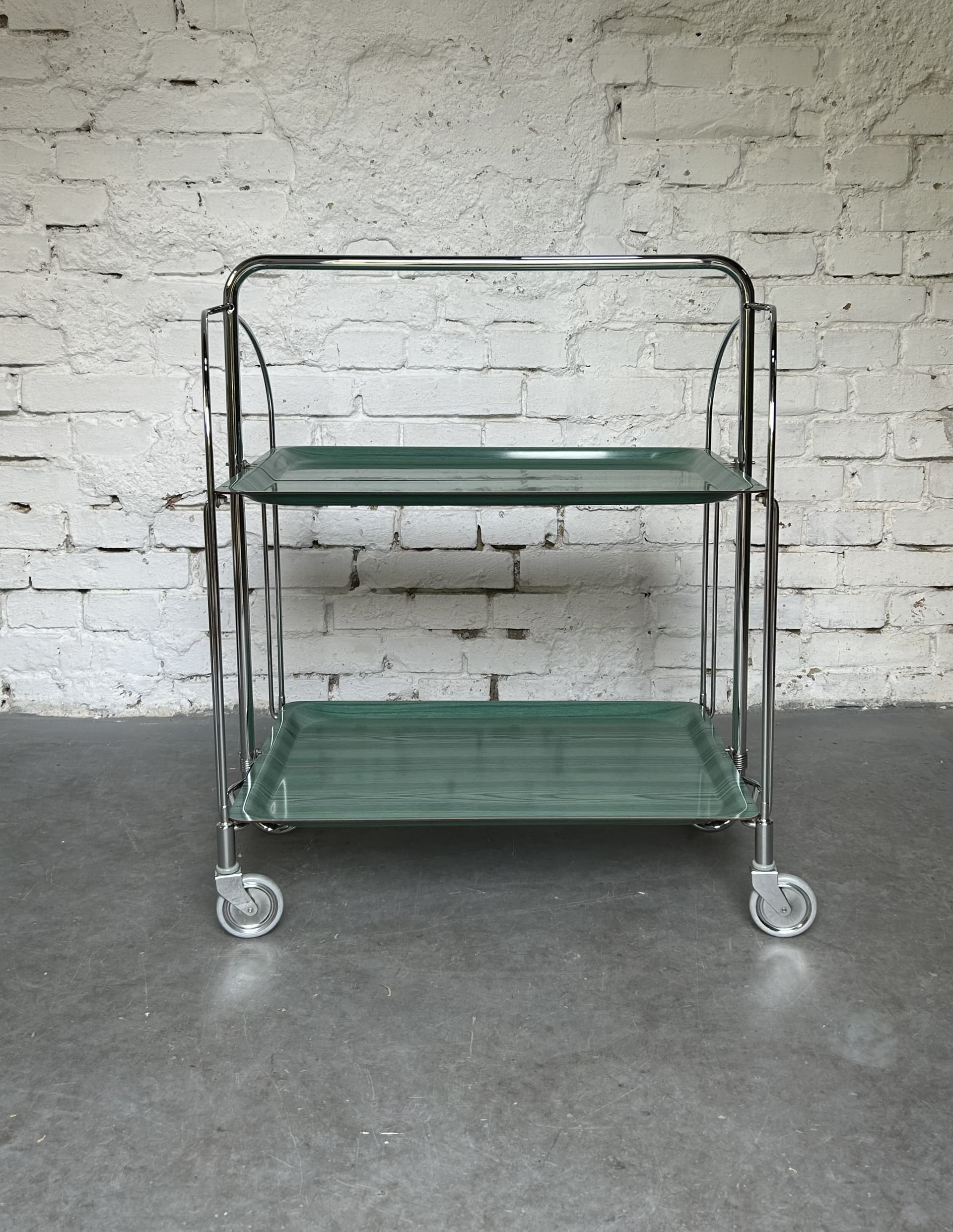 Folding Bar Cart Bauhaus, green plywood, chrome, 1980s. - 305677