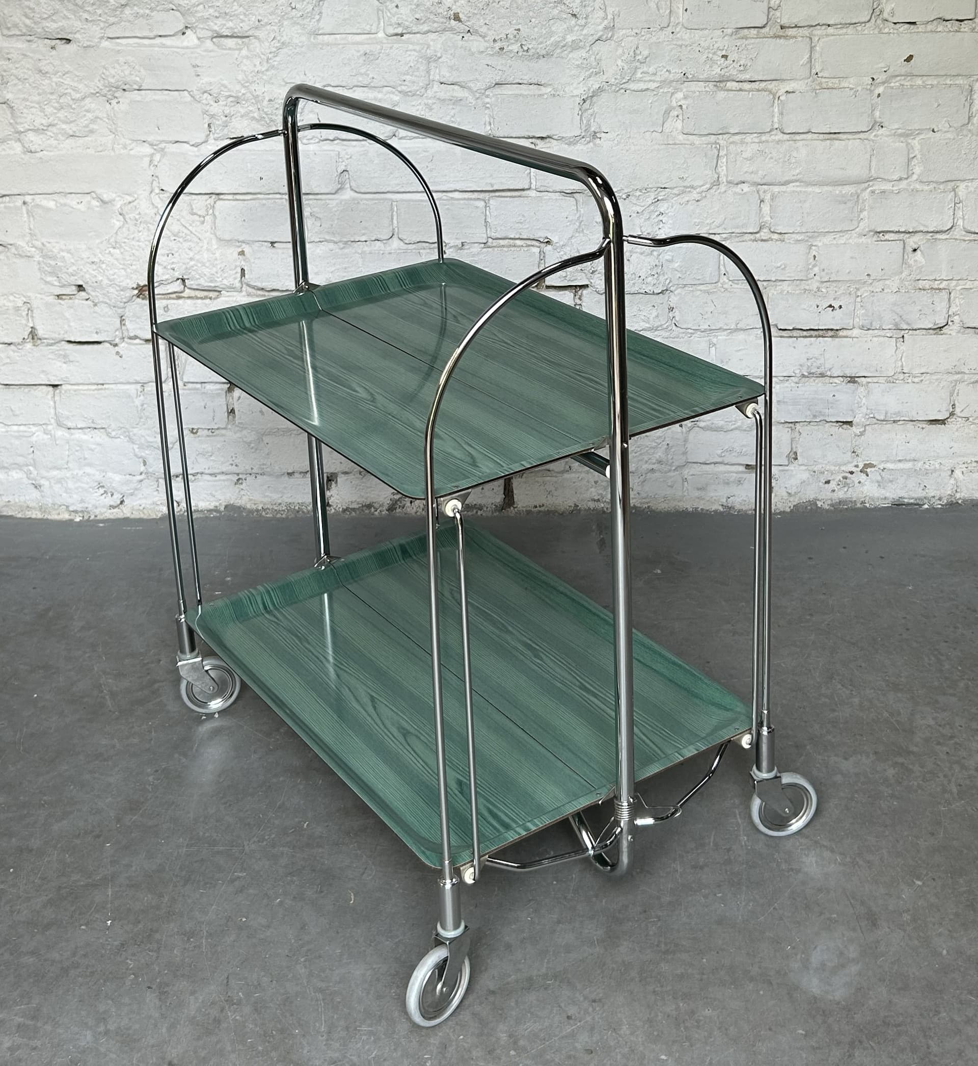 Folding Bar Cart Bauhaus, green plywood, chrome, 1980s. - 305678