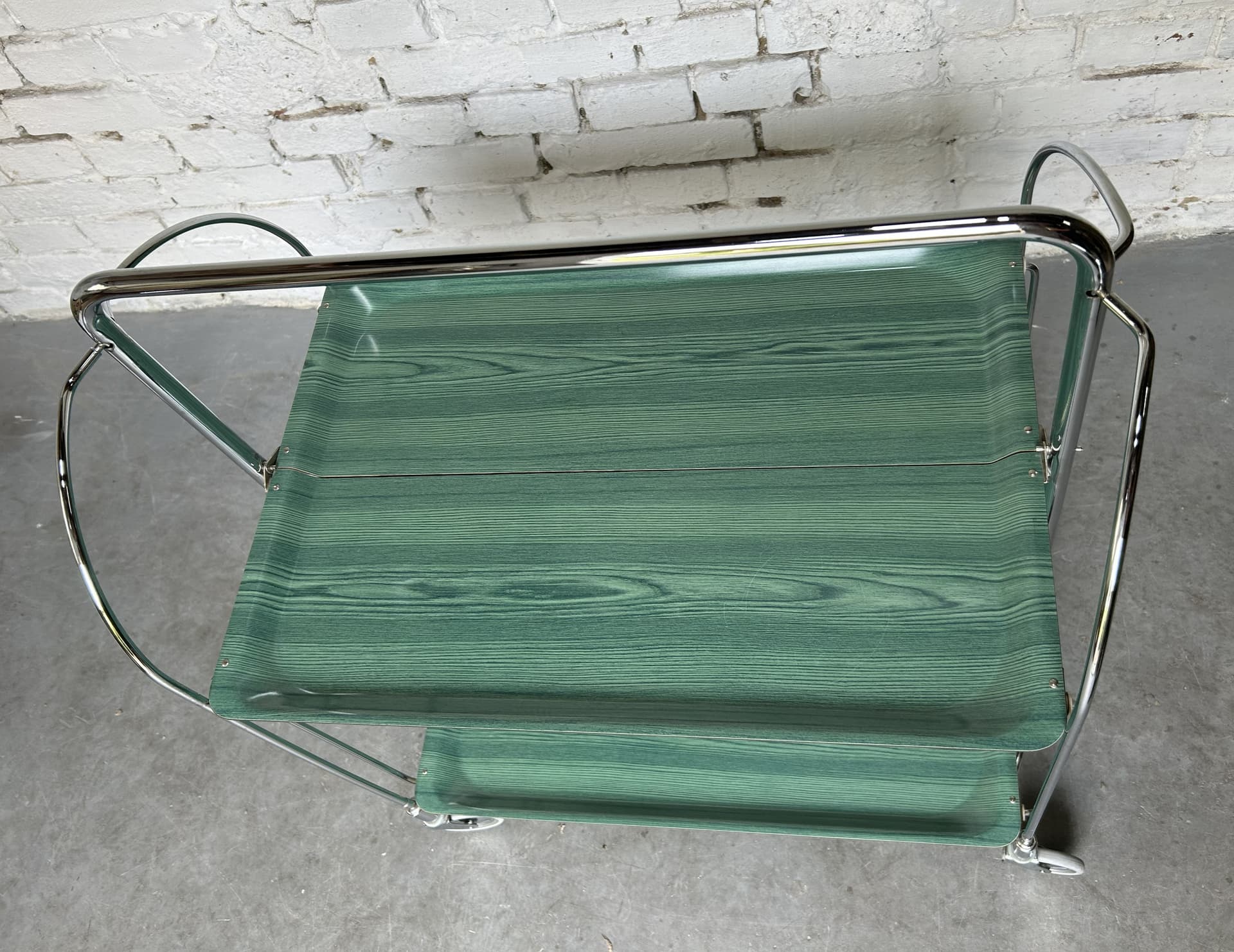 Folding Bar Cart Bauhaus, green plywood, chrome, 1980s. - 305683