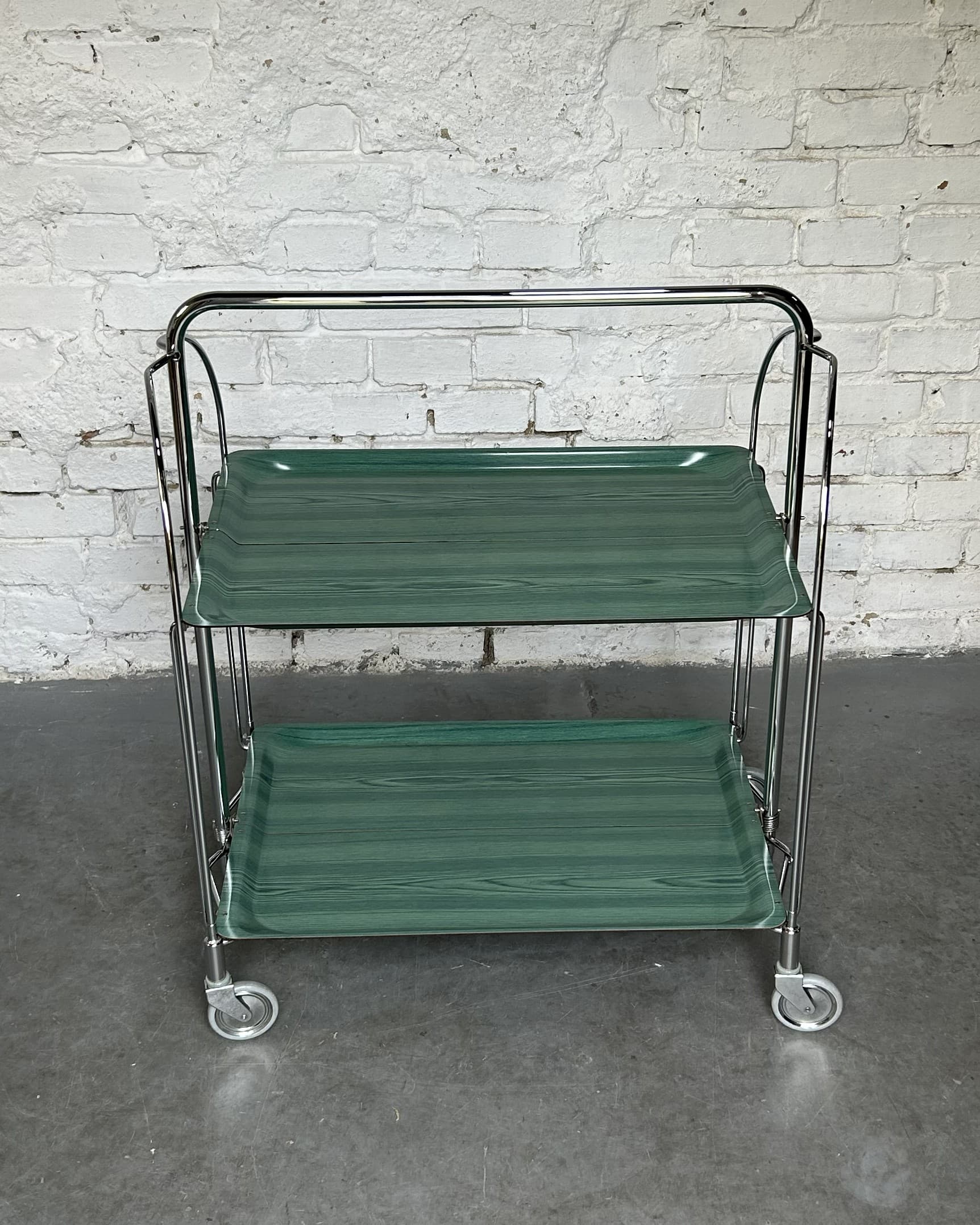 Folding Bar Cart Bauhaus, green plywood, chrome, 1980s. - 305676