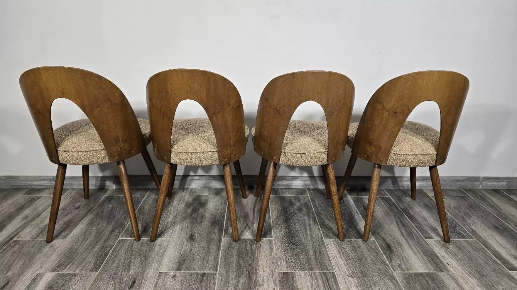 Set of four chairs, brown plywood, beige oak, by A. Suman, Tatra Nabytok, Czechoslovakia, 1960s. - 305706