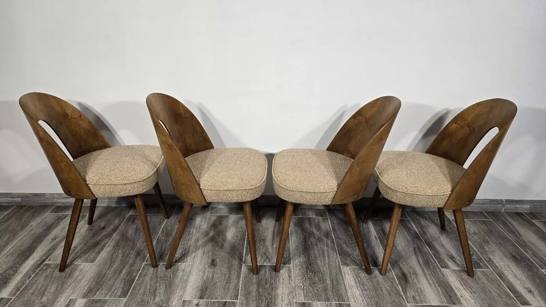 Set of four chairs, brown plywood, beige oak, by A. Suman, Tatra Nabytok, Czechoslovakia, 1960s. - 305704