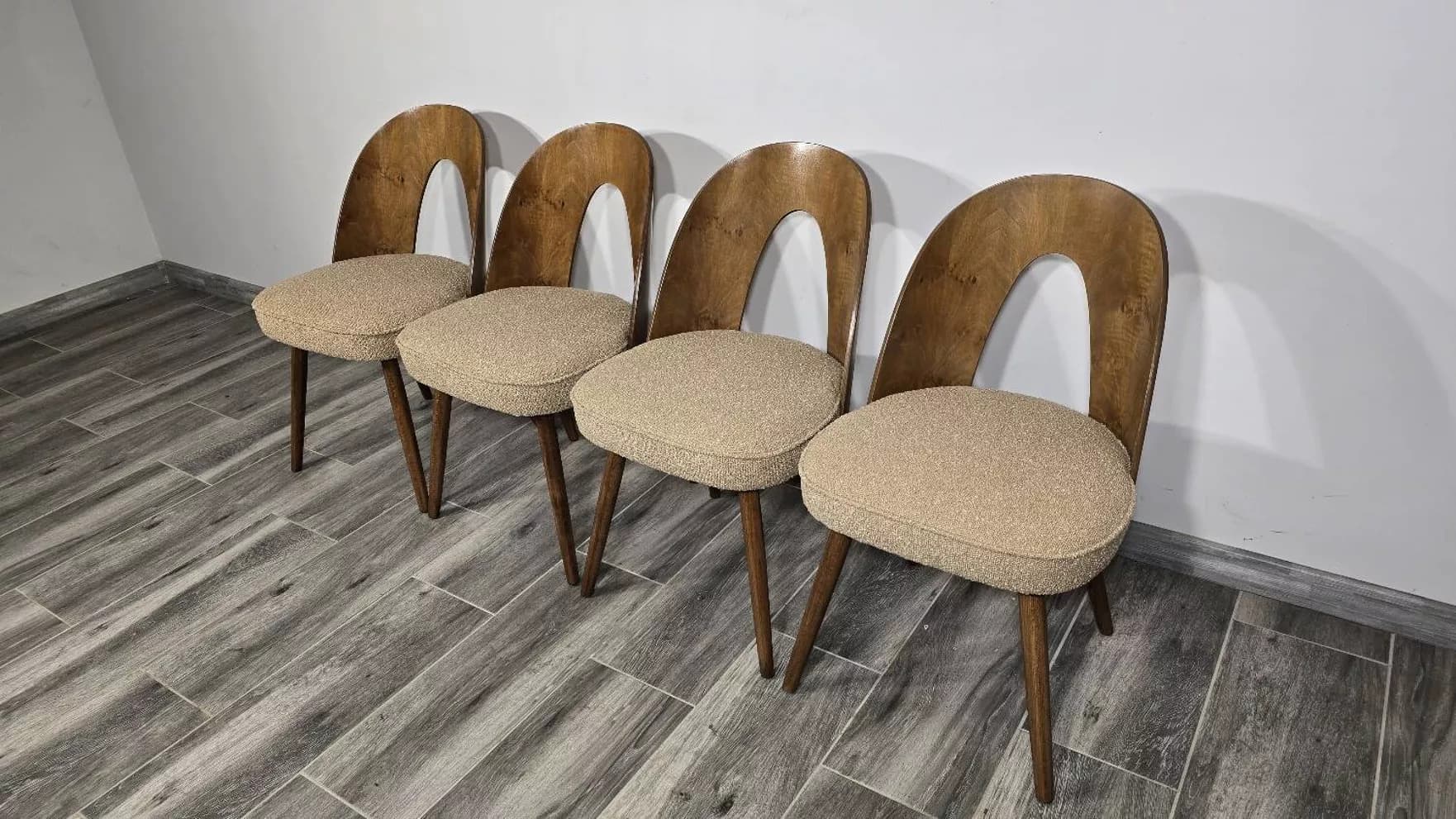 Set of four chairs, brown plywood, beige oak, by A. Suman, Tatra Nabytok, Czechoslovakia, 1960s. - 305708