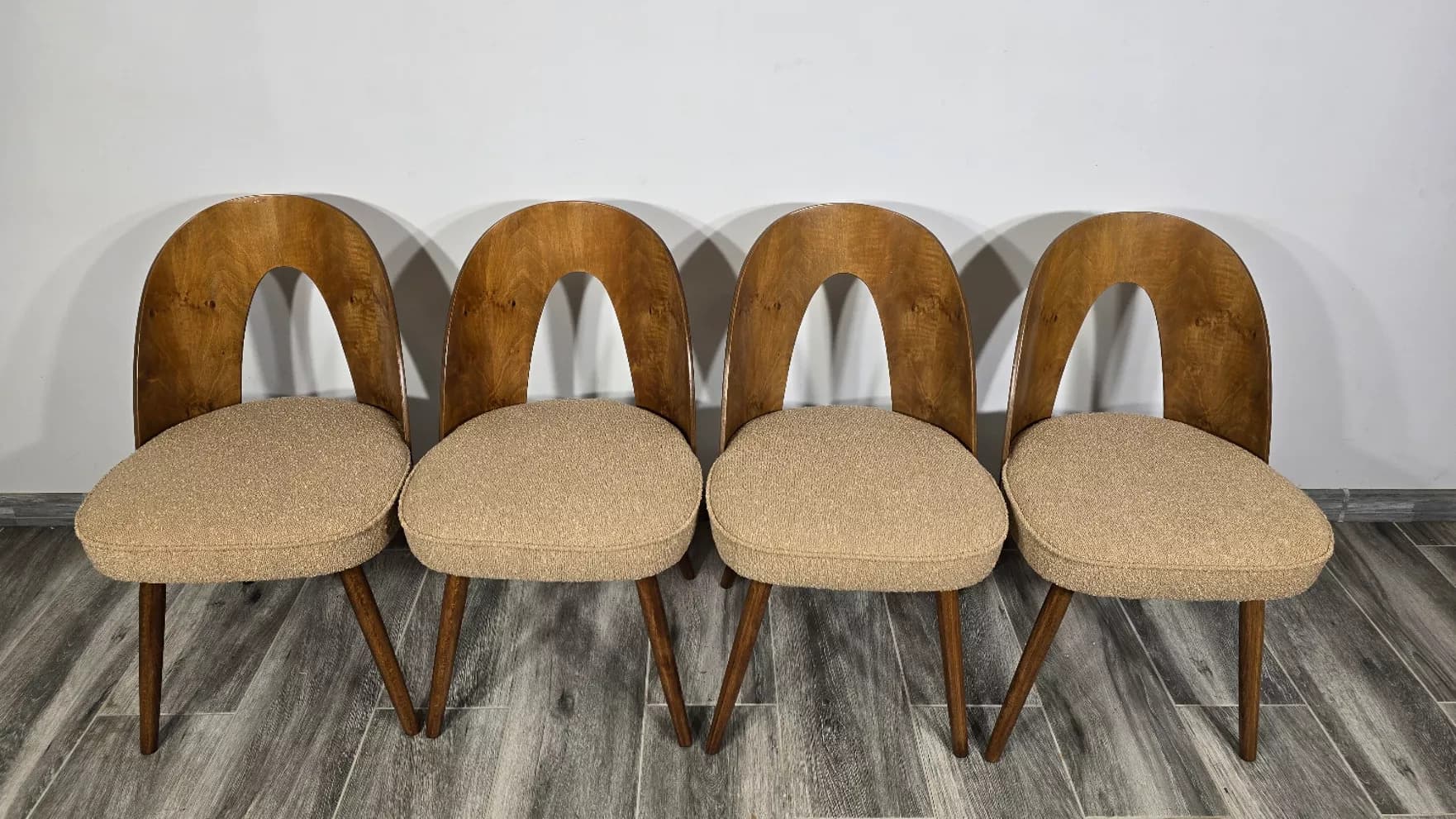 Set of four chairs, brown plywood, beige oak, by A. Suman, Tatra Nabytok, Czechoslovakia, 1960s. - 305703