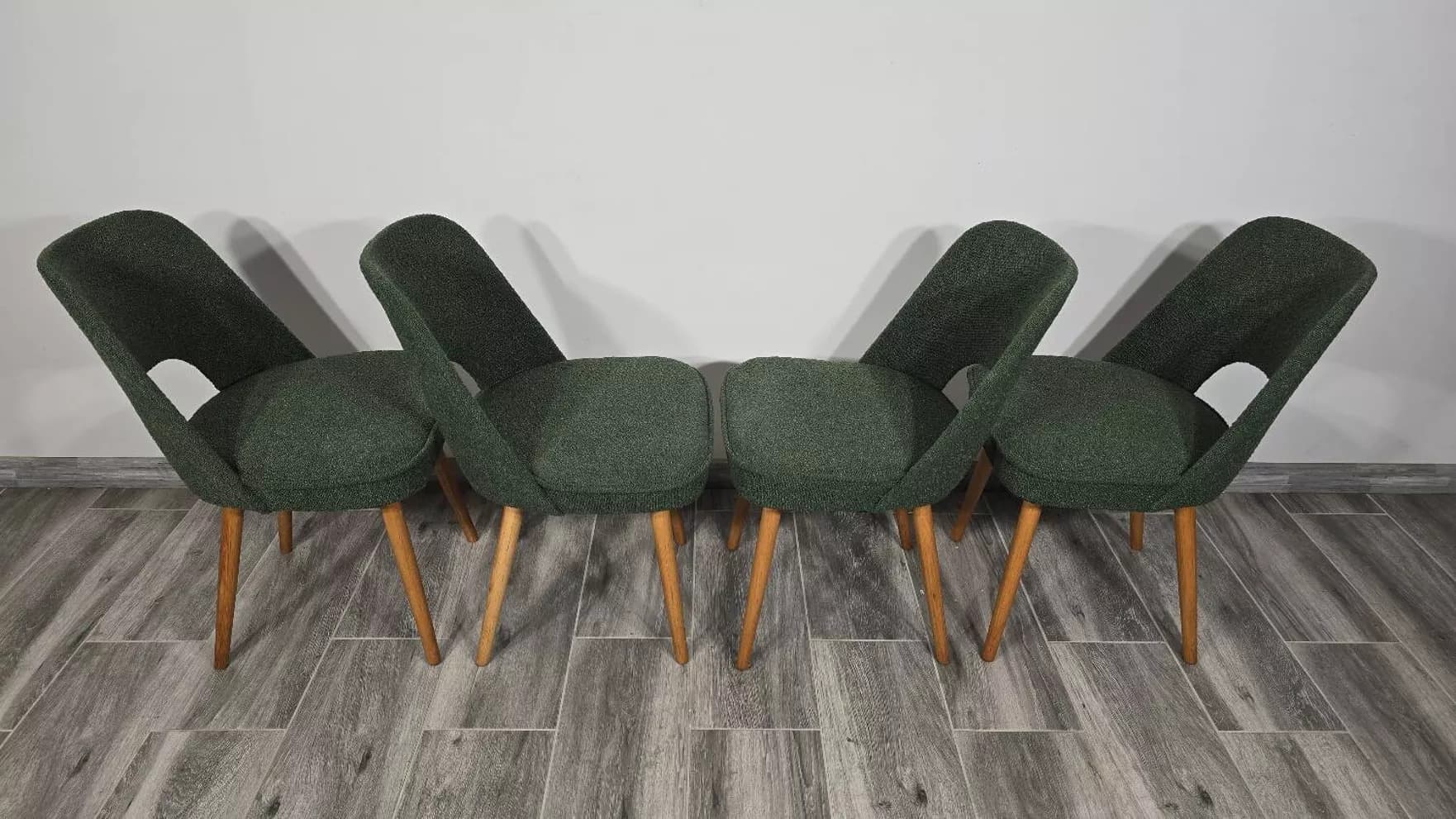 Set of four chairs, green bouclé, oak, by O. Haerdtl, Tatra Nabytok, Czechoslovakia, 1960s. - 305721