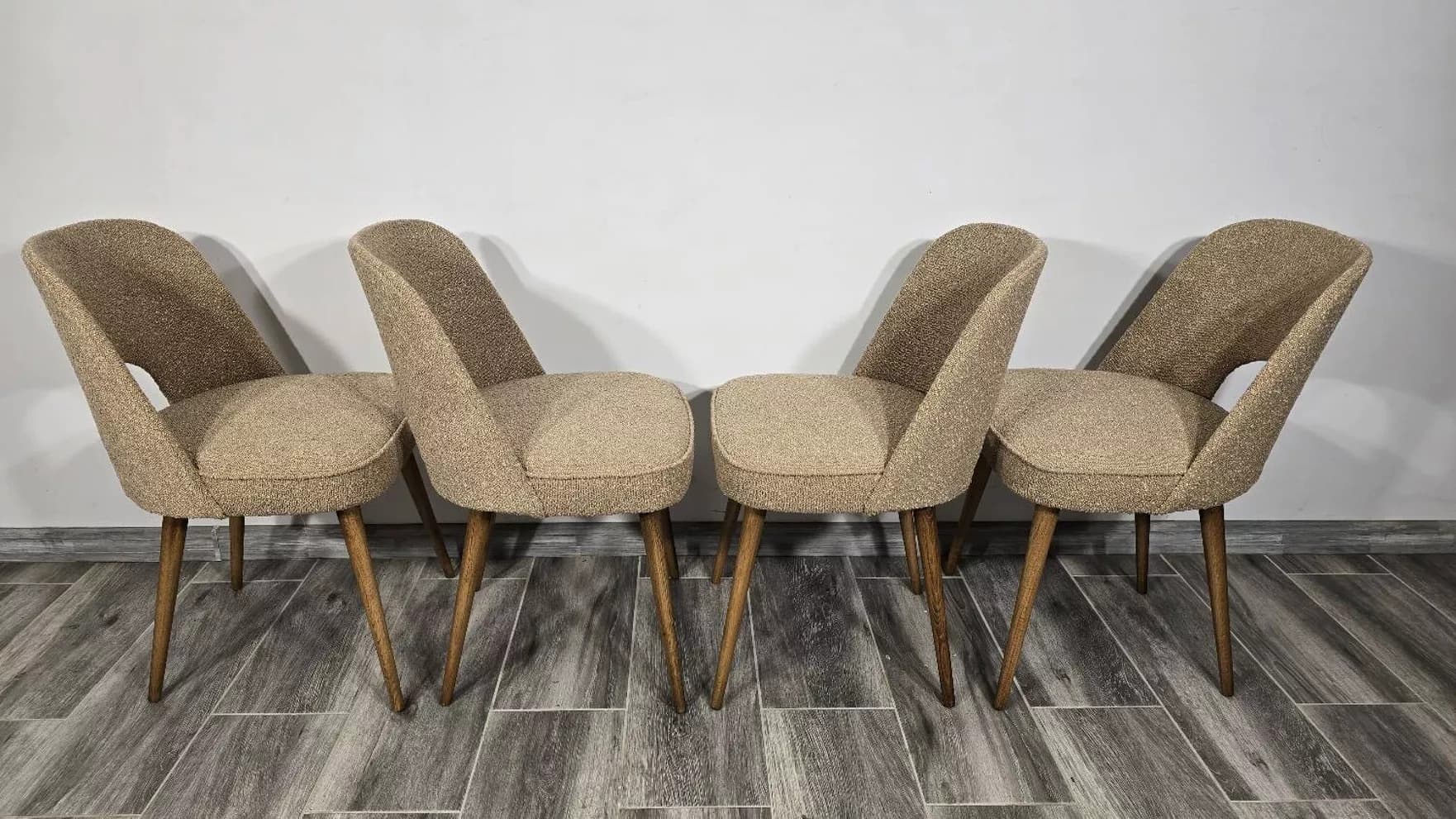 Set of four chairs, beige bouclé, oak, by O. Haerdtl, Tatra Nabytok, Czechoslovakia, 1960s. - 305736