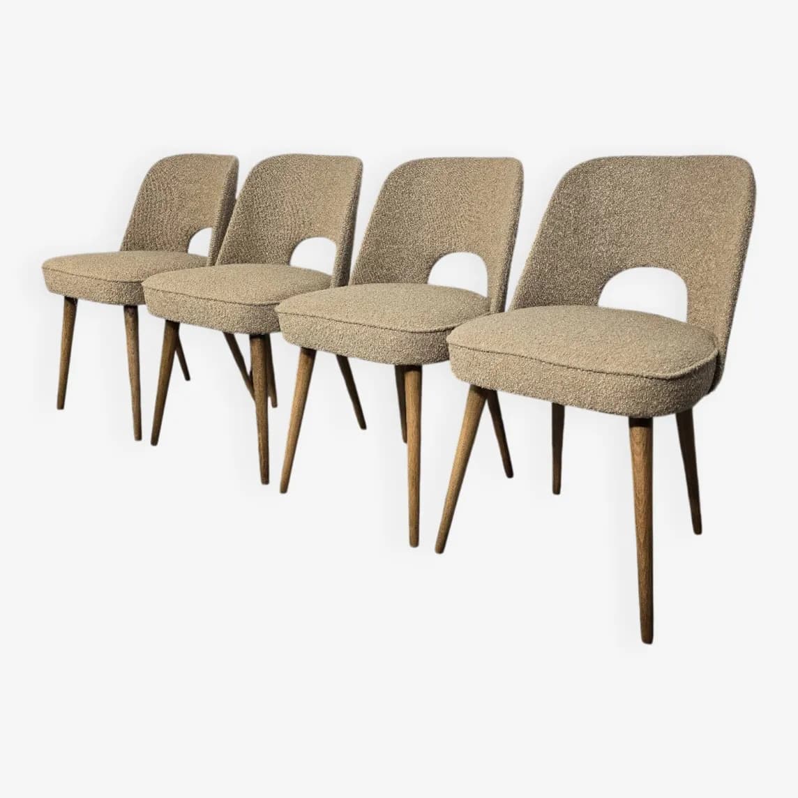 Set of four chairs, beige bouclé, oak, by O. Haerdtl, Tatra Nabytok, Czechoslovakia, 1960s. - 305733