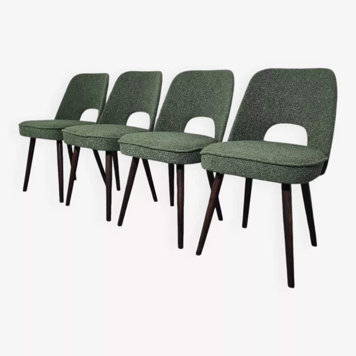 Set of four chairs, green bouclé, brown oak, by O. Haerdtl, Tatra Nabytok, Czechoslovakia, 1960s. - 305745