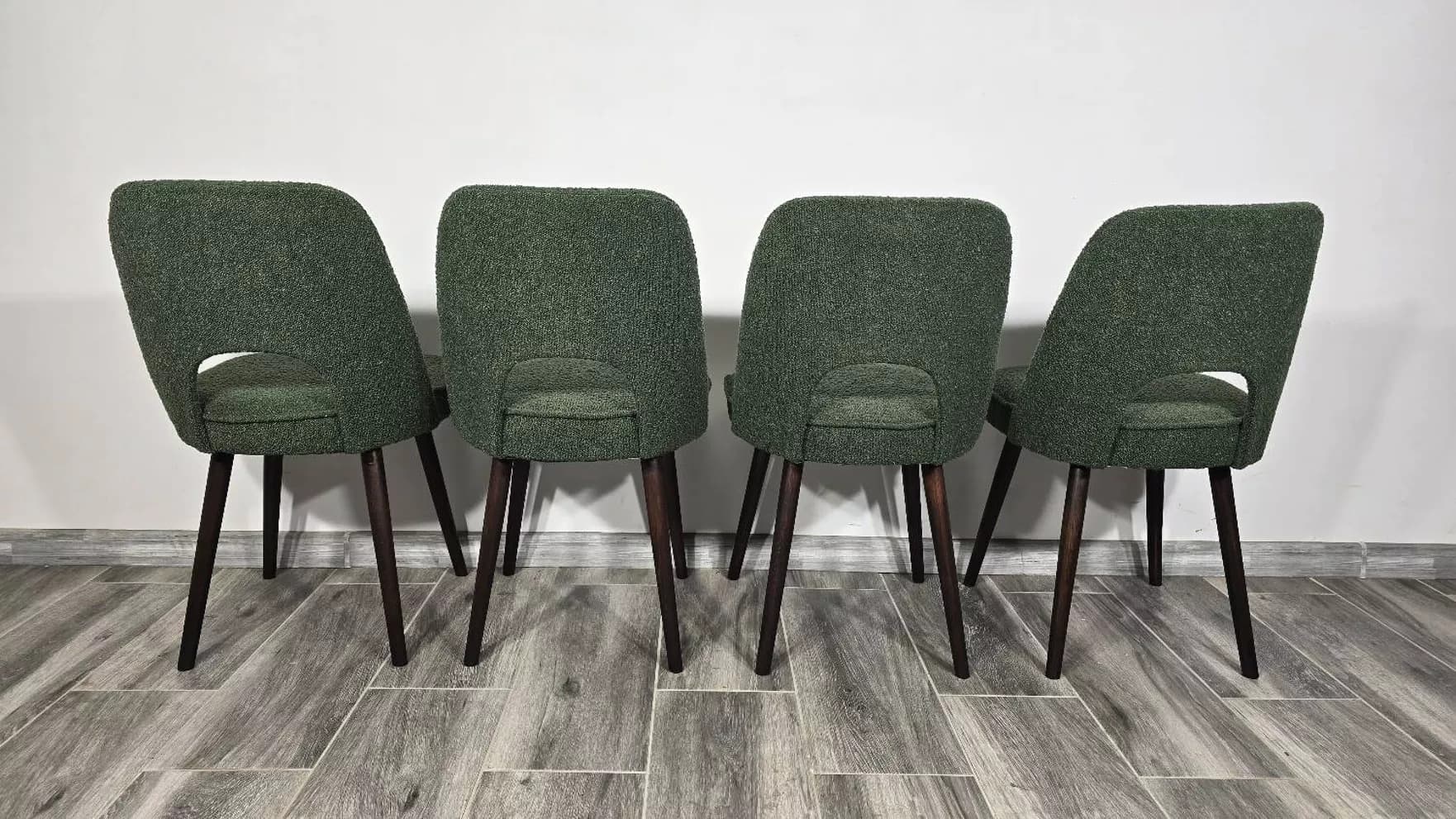 Set of four chairs, green bouclé, brown oak, by O. Haerdtl, Tatra Nabytok, Czechoslovakia, 1960s. - 305747
