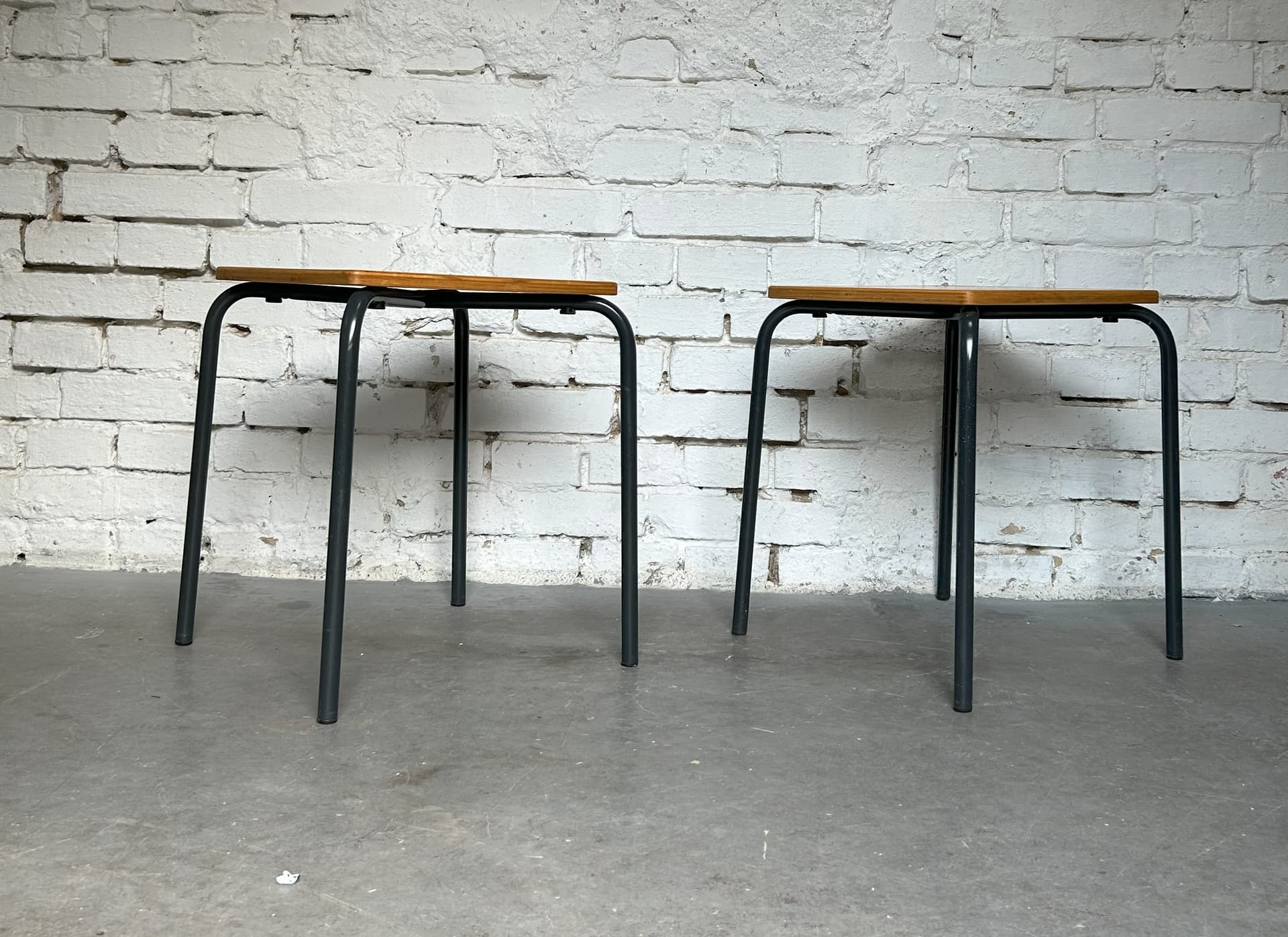 Pair of school stools, brown plywood, grey metal, Germany, 1970s. - 305813
