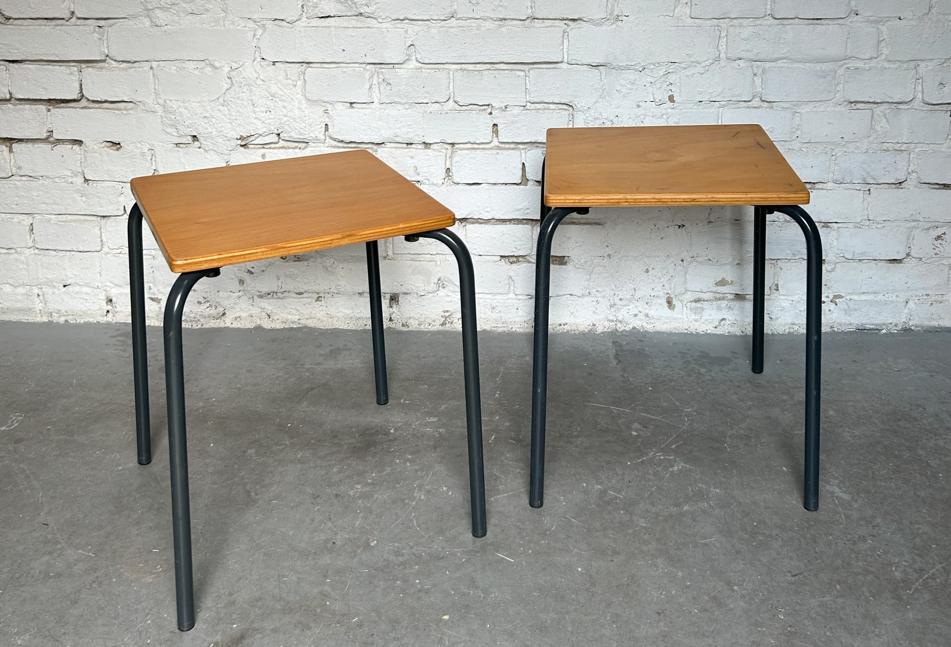 Pair of school stools, brown plywood, grey metal, Germany, 1970s. - 305809