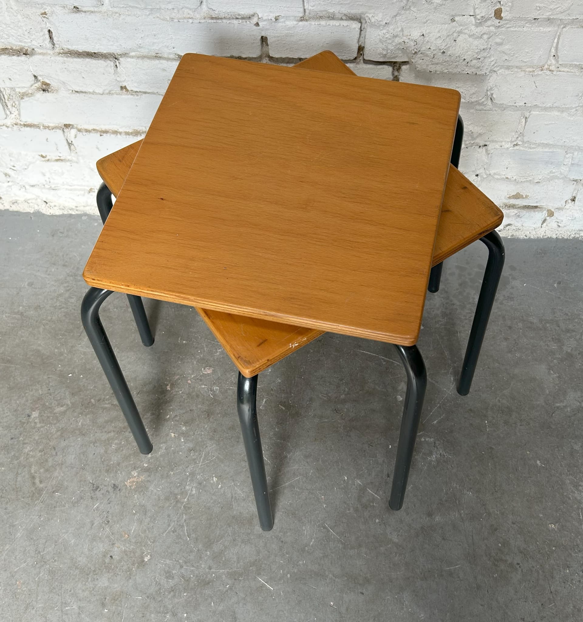 Pair of school stools, brown plywood, grey metal, Germany, 1970s. - 305808
