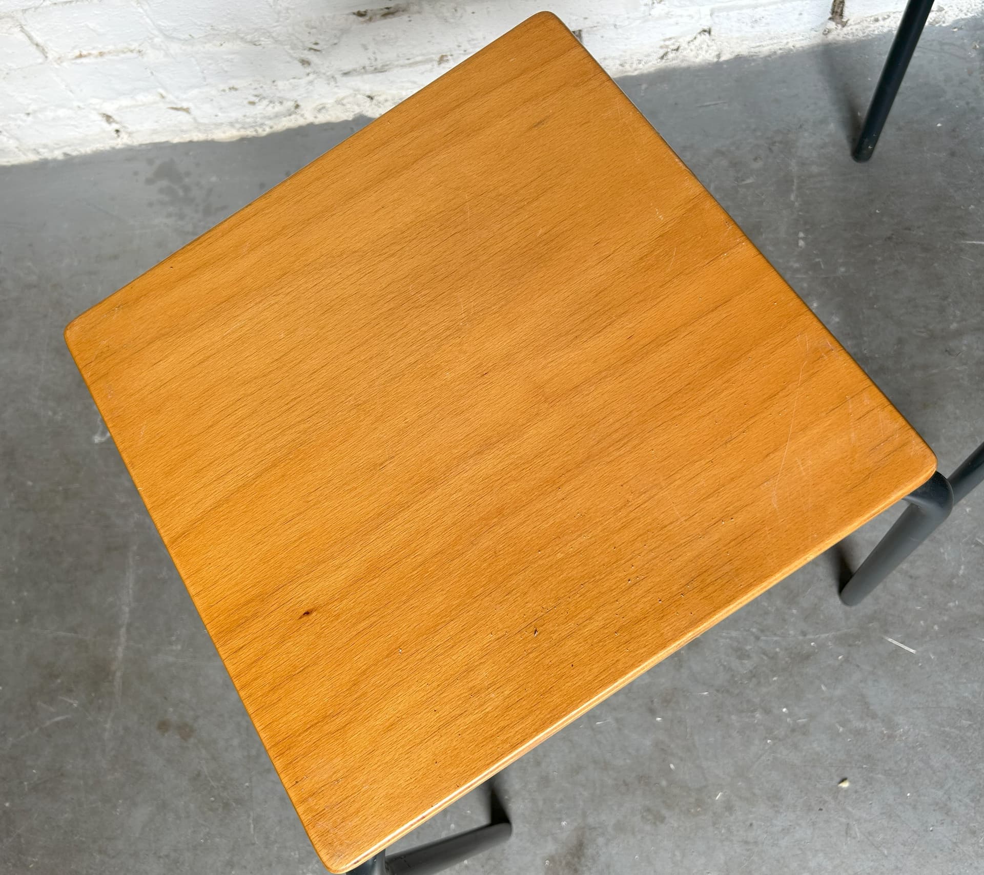 Pair of school stools, brown plywood, grey metal, Germany, 1970s. - 305819