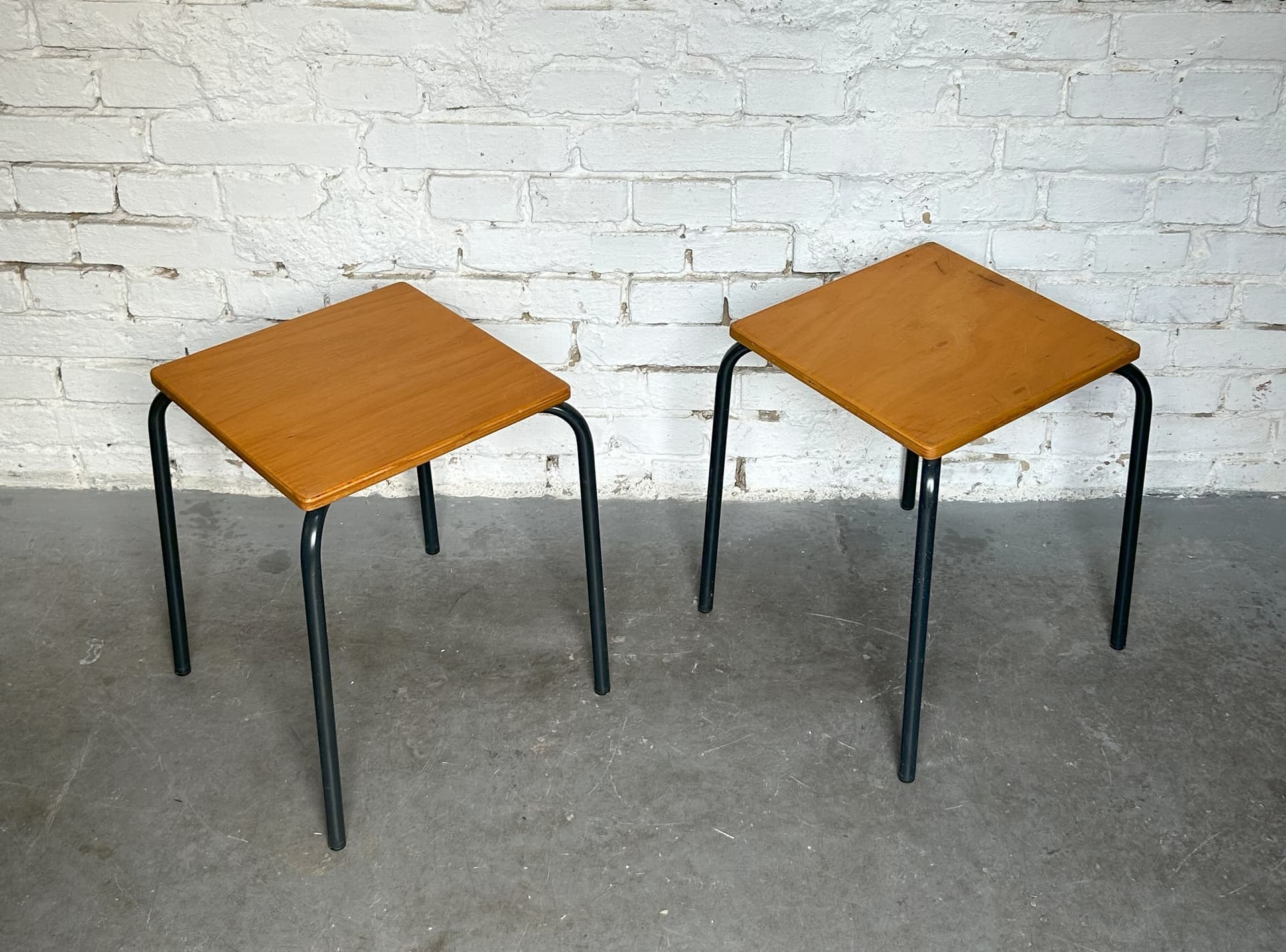 Pair of school stools, brown plywood, grey metal, Germany, 1970s. - 305814