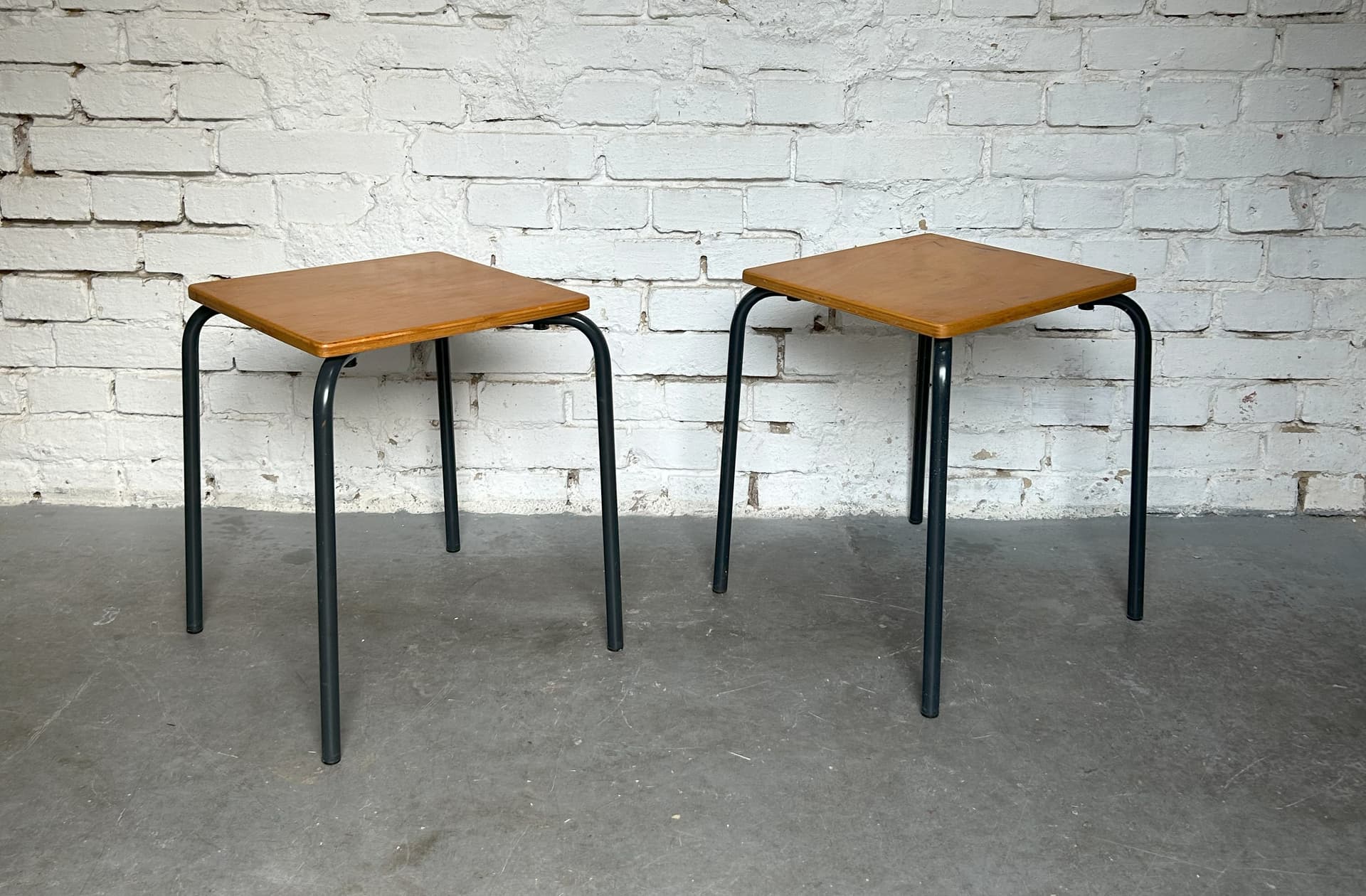 Pair of school stools, brown plywood, grey metal, Germany, 1970s. - 305816