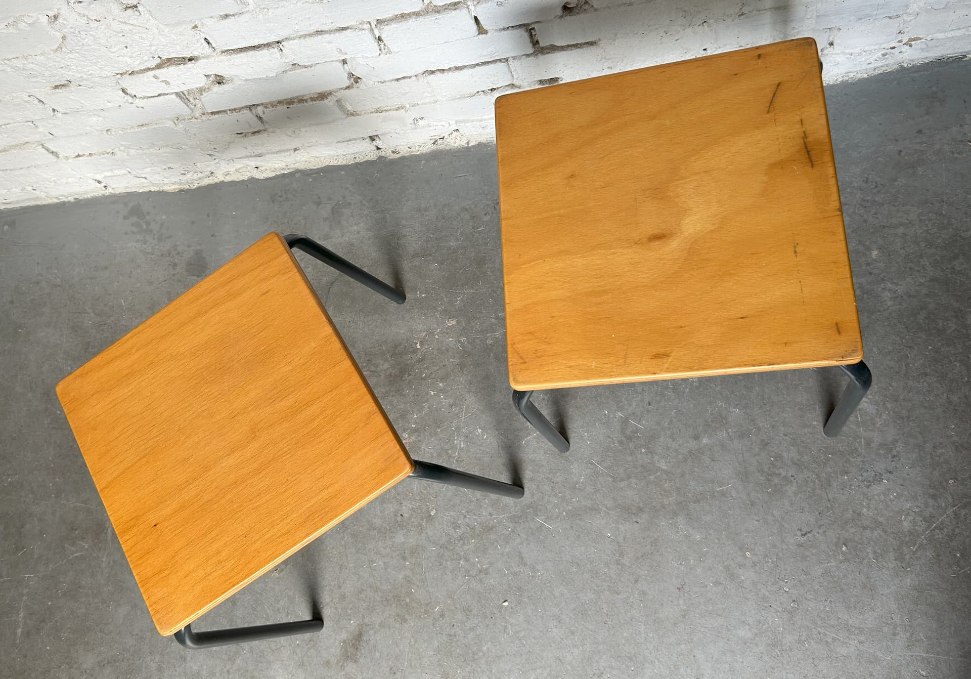 Pair of school stools, brown plywood, grey metal, Germany, 1970s. - 305815