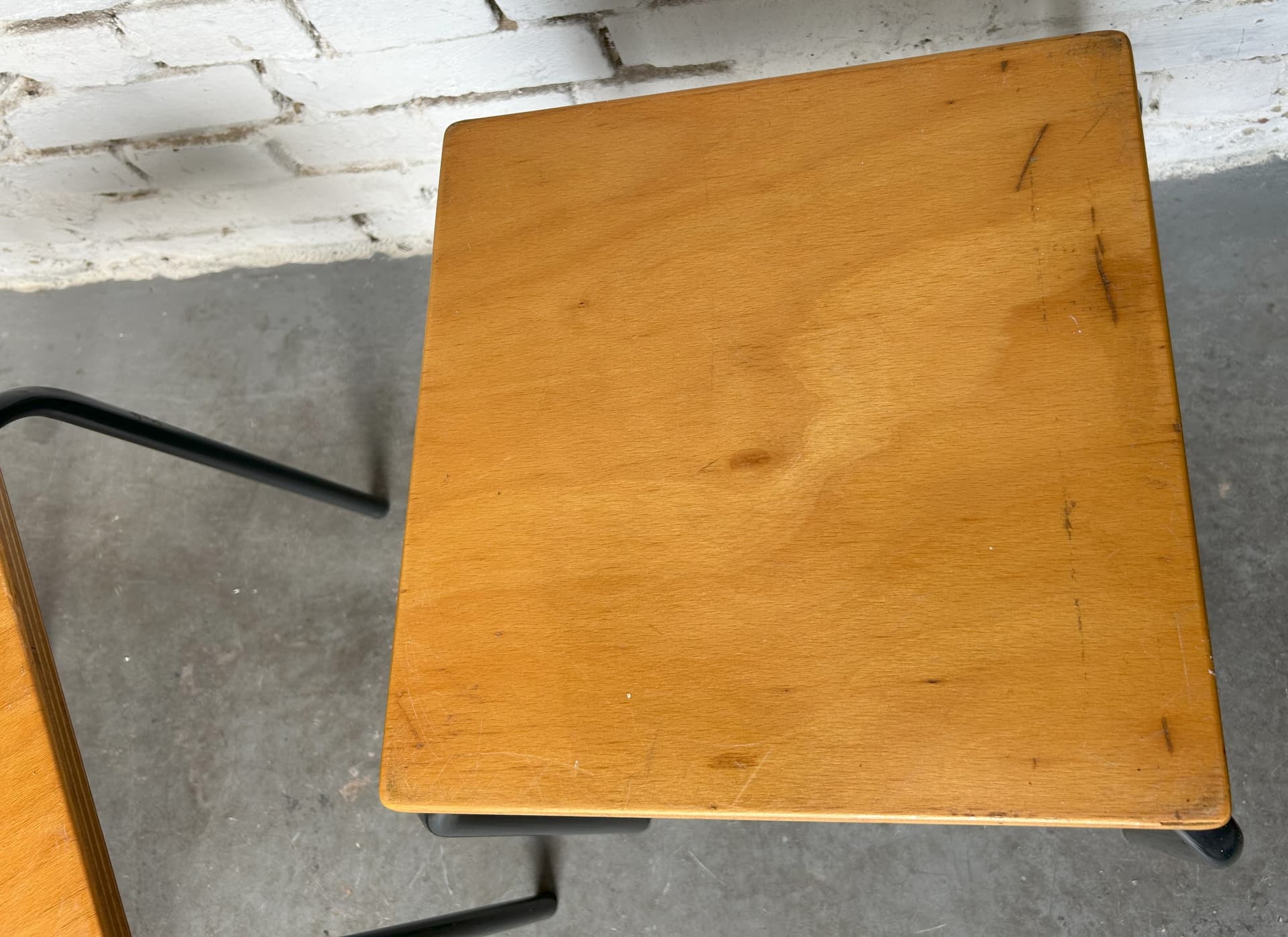 Pair of school stools, brown plywood, grey metal, Germany, 1970s. - 305817