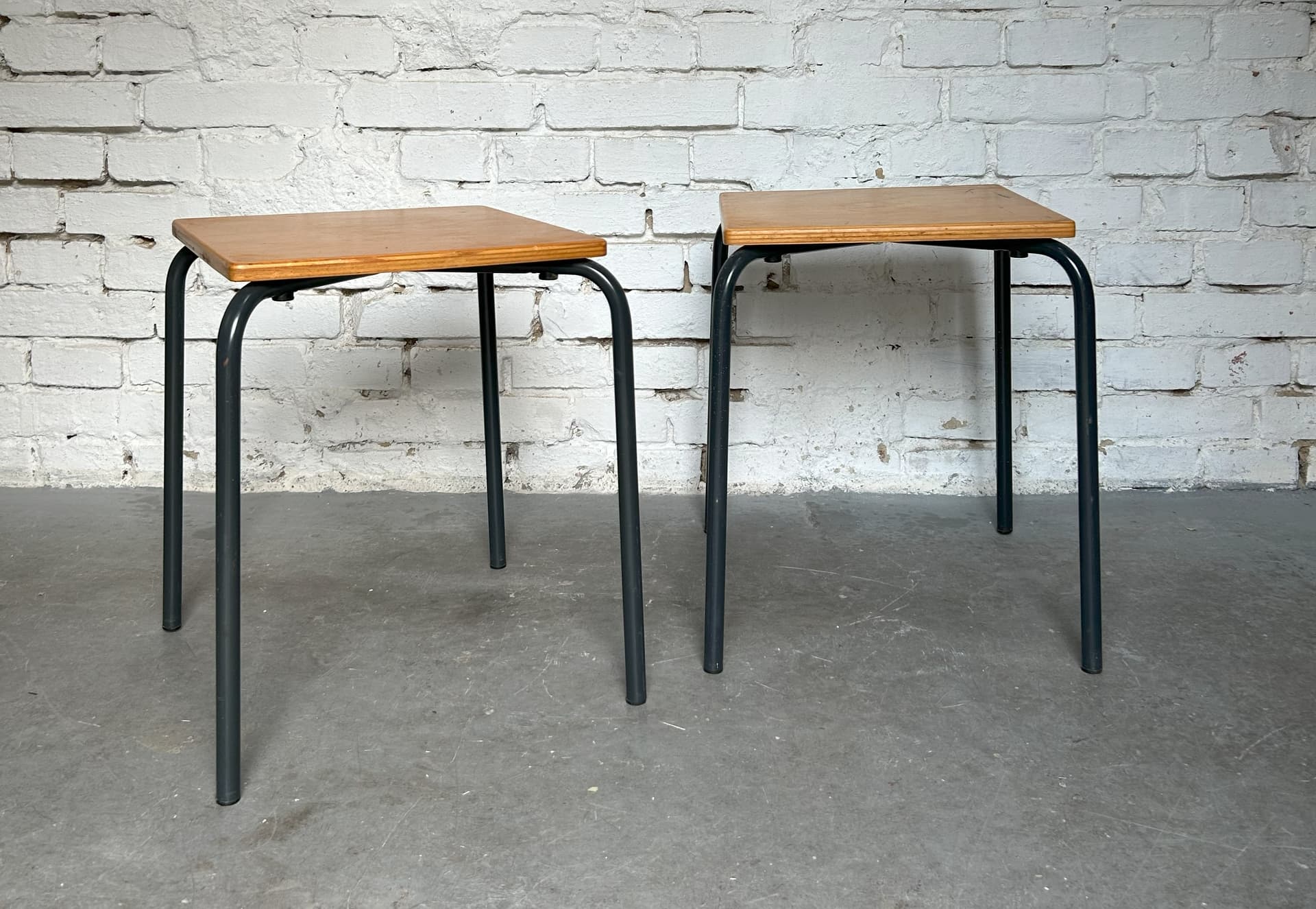 Pair of school stools, brown plywood, grey metal, Germany, 1970s. - 305811