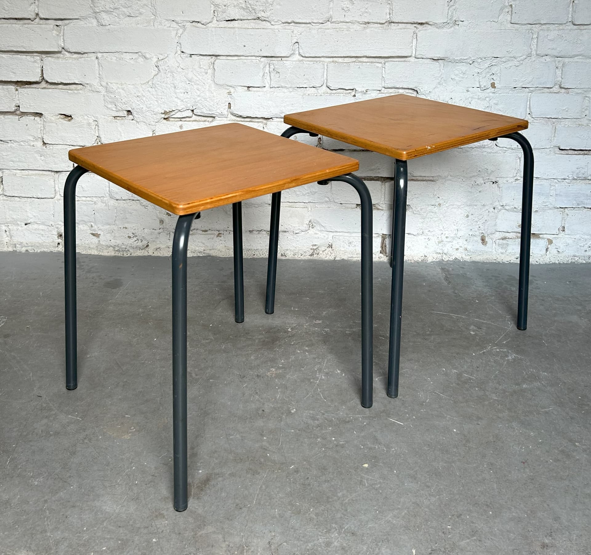Pair of school stools, brown plywood, grey metal, Germany, 1970s. - 305812