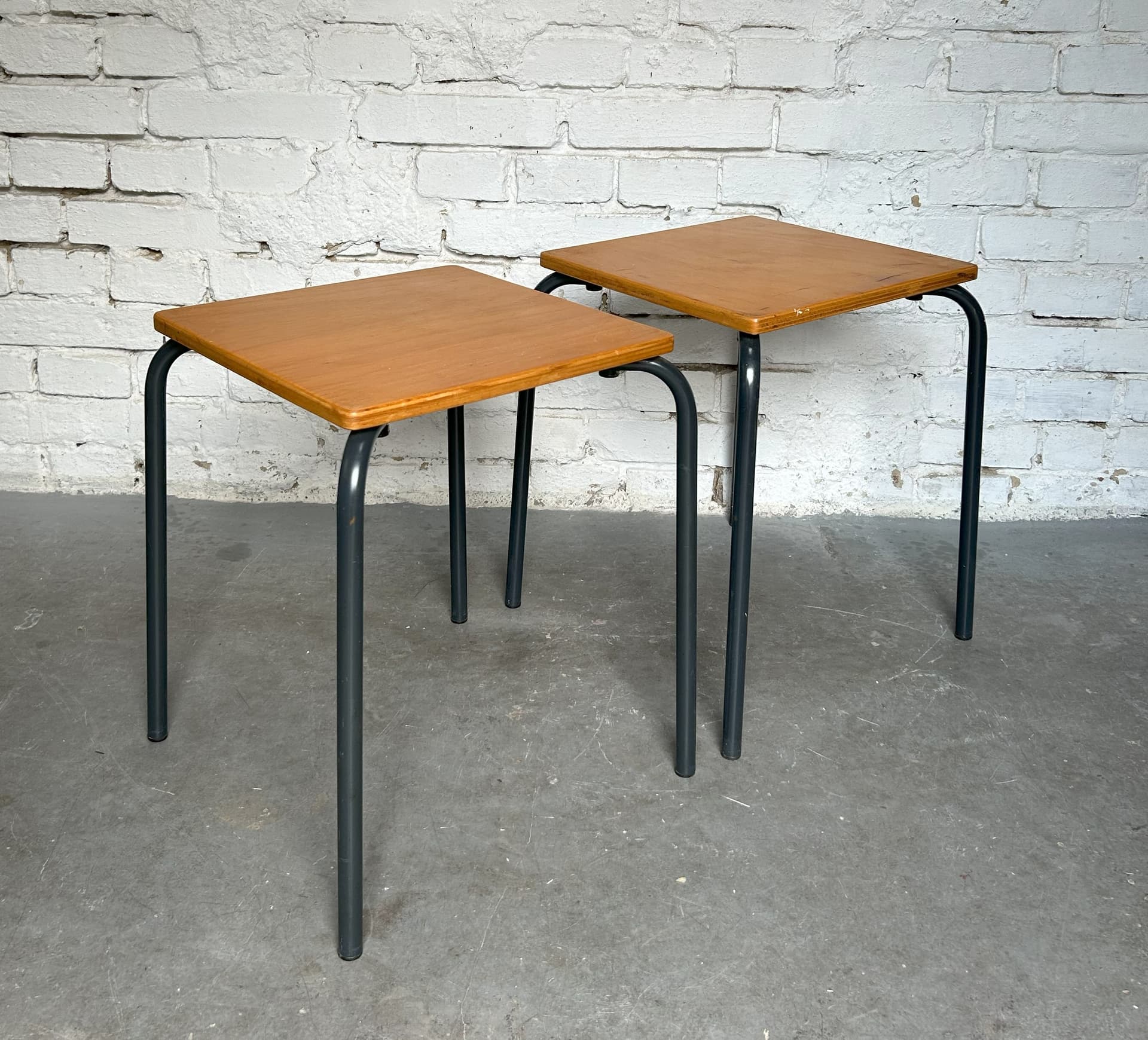 Pair of school stools, brown plywood, grey metal, Germany, 1970s. - 305810