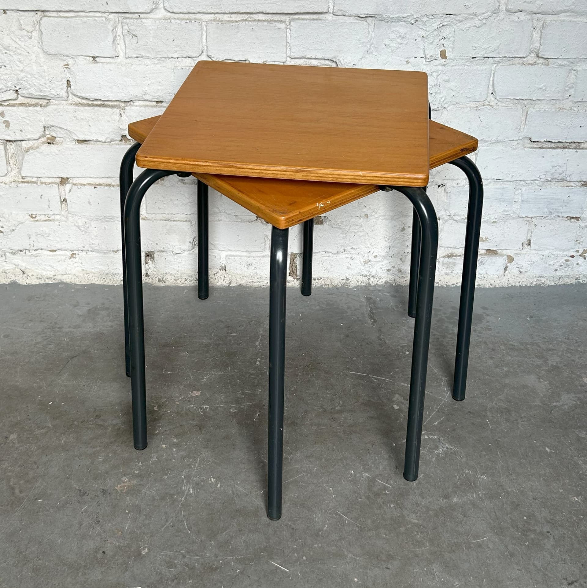 Pair of school stools, brown plywood, grey metal, Germany, 1970s. - 305807