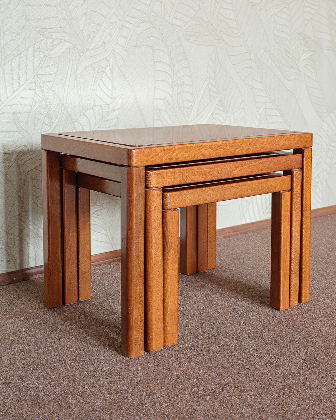 Set of three side tables, brown wood, Italy, 1980s. - 305825