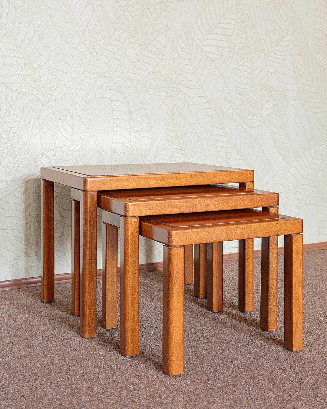 Set of three side tables, brown wood, Italy, 1980s. - 305826