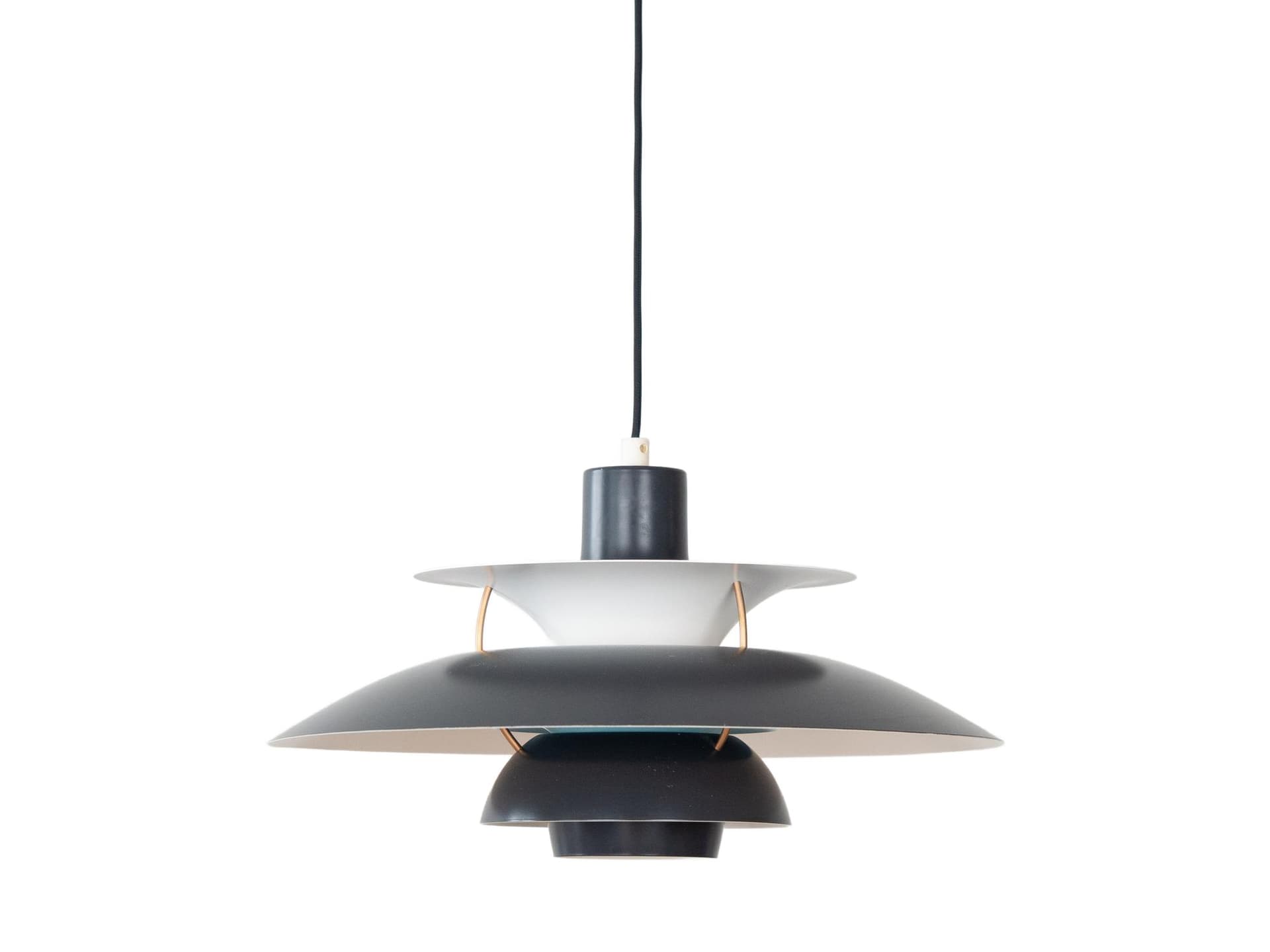 Pendant lamp PH 5, black white aluminium, by P. Henningsen, Louis Poulsen, Denmark, 1980s.