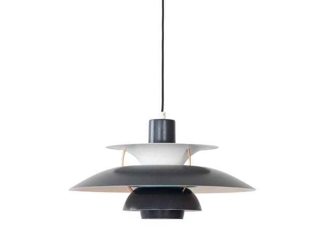 Pendant lamp PH 5, black white aluminium, by P. Henningsen, Louis Poulsen, Denmark, 1980s. - DIMENSION