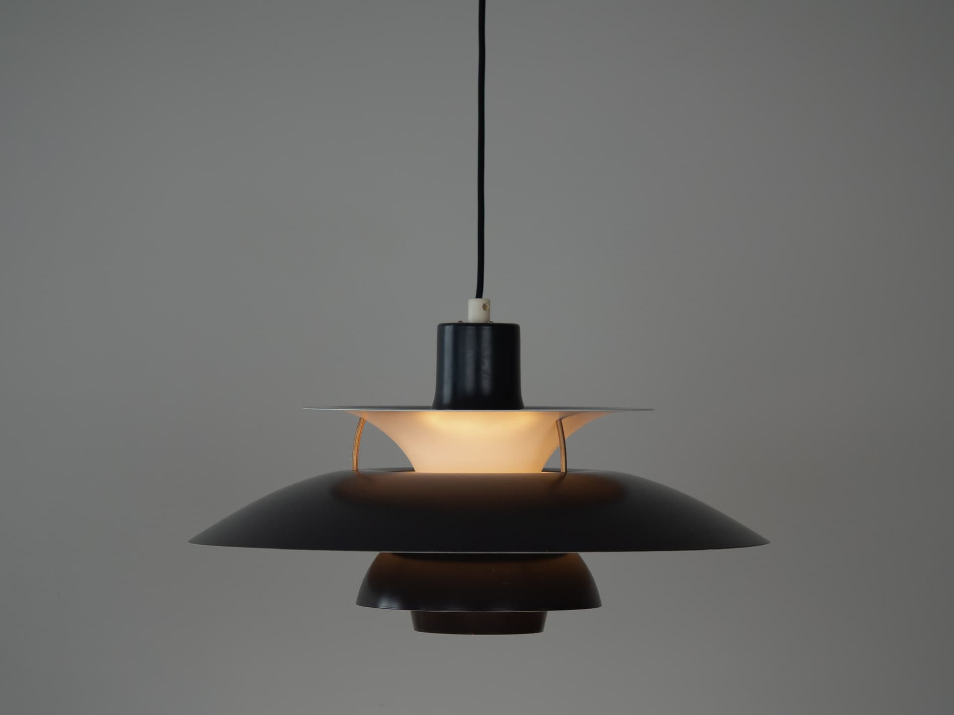 Pendant lamp PH 5, black white aluminium, by P. Henningsen, Louis Poulsen, Denmark, 1980s. - 305906