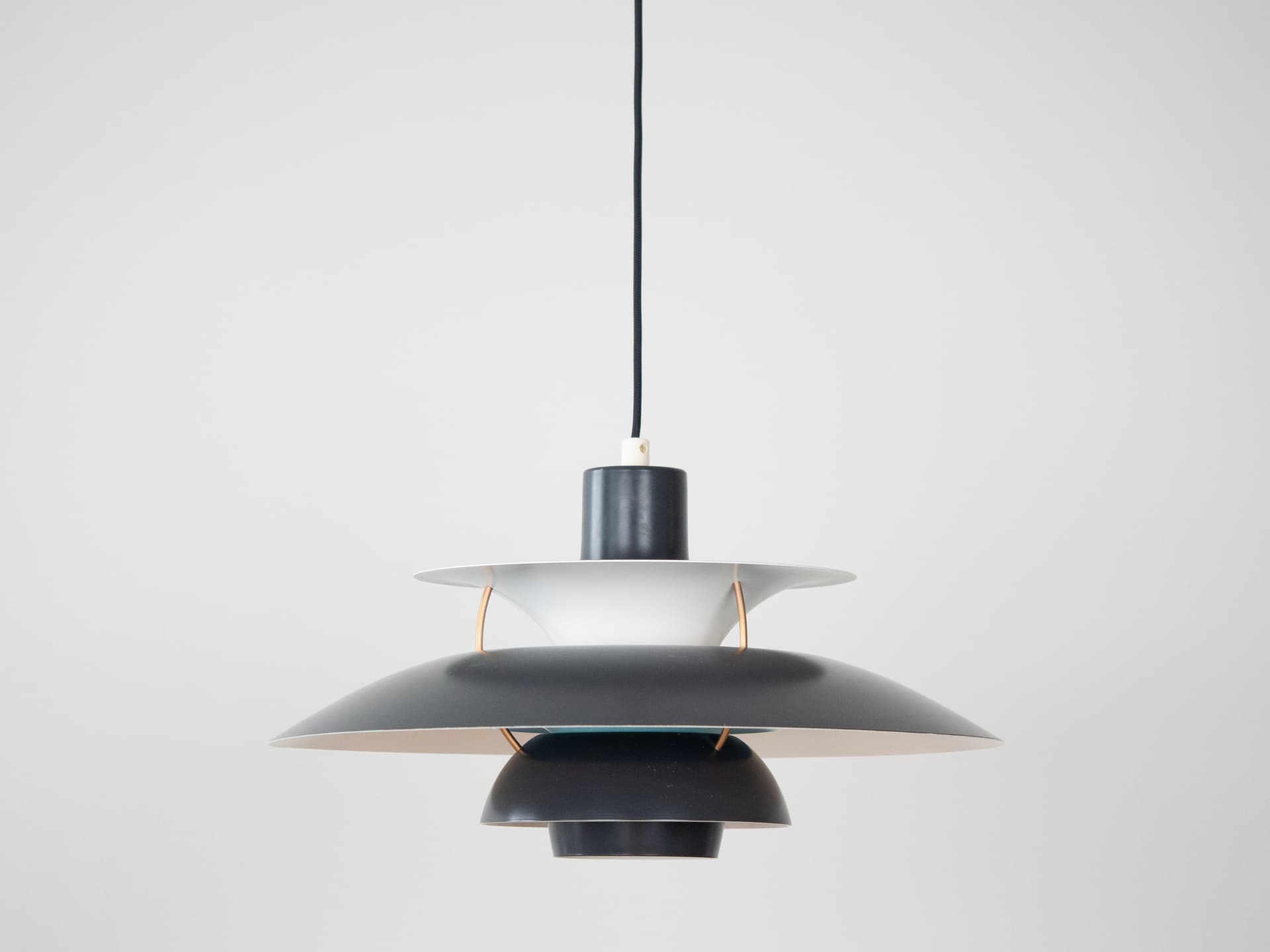 Pendant lamp PH 5, black white aluminium, by P. Henningsen, Louis Poulsen, Denmark, 1980s. - 305904