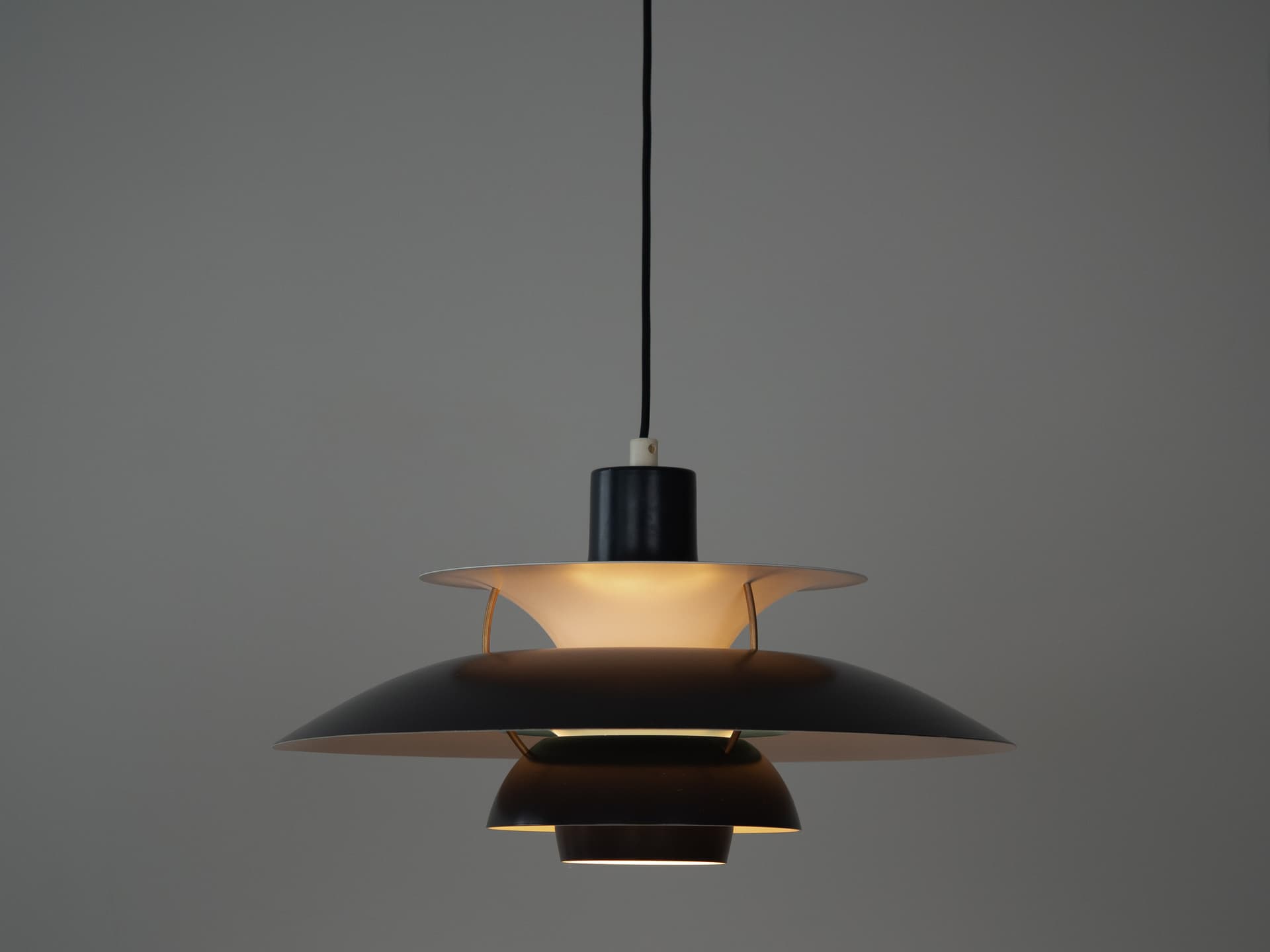 Pendant lamp PH 5, black white aluminium, by P. Henningsen, Louis Poulsen, Denmark, 1980s. - 305907