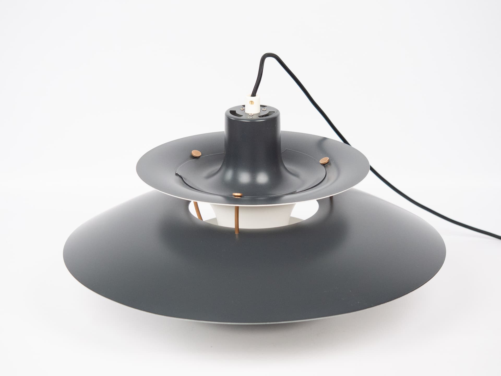 Pendant lamp PH 5, black white aluminium, by P. Henningsen, Louis Poulsen, Denmark, 1980s. - 305908