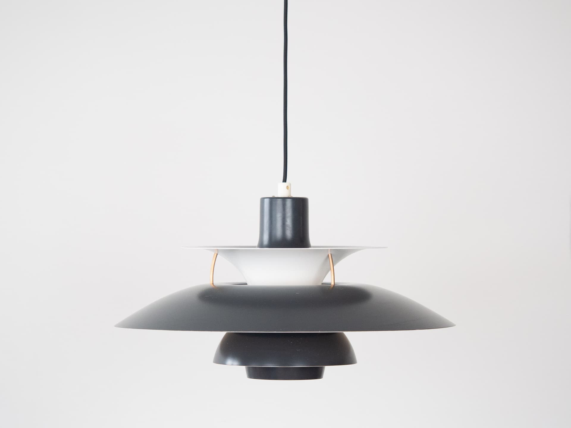 Pendant lamp PH 5, black white aluminium, by P. Henningsen, Louis Poulsen, Denmark, 1980s. - 305905