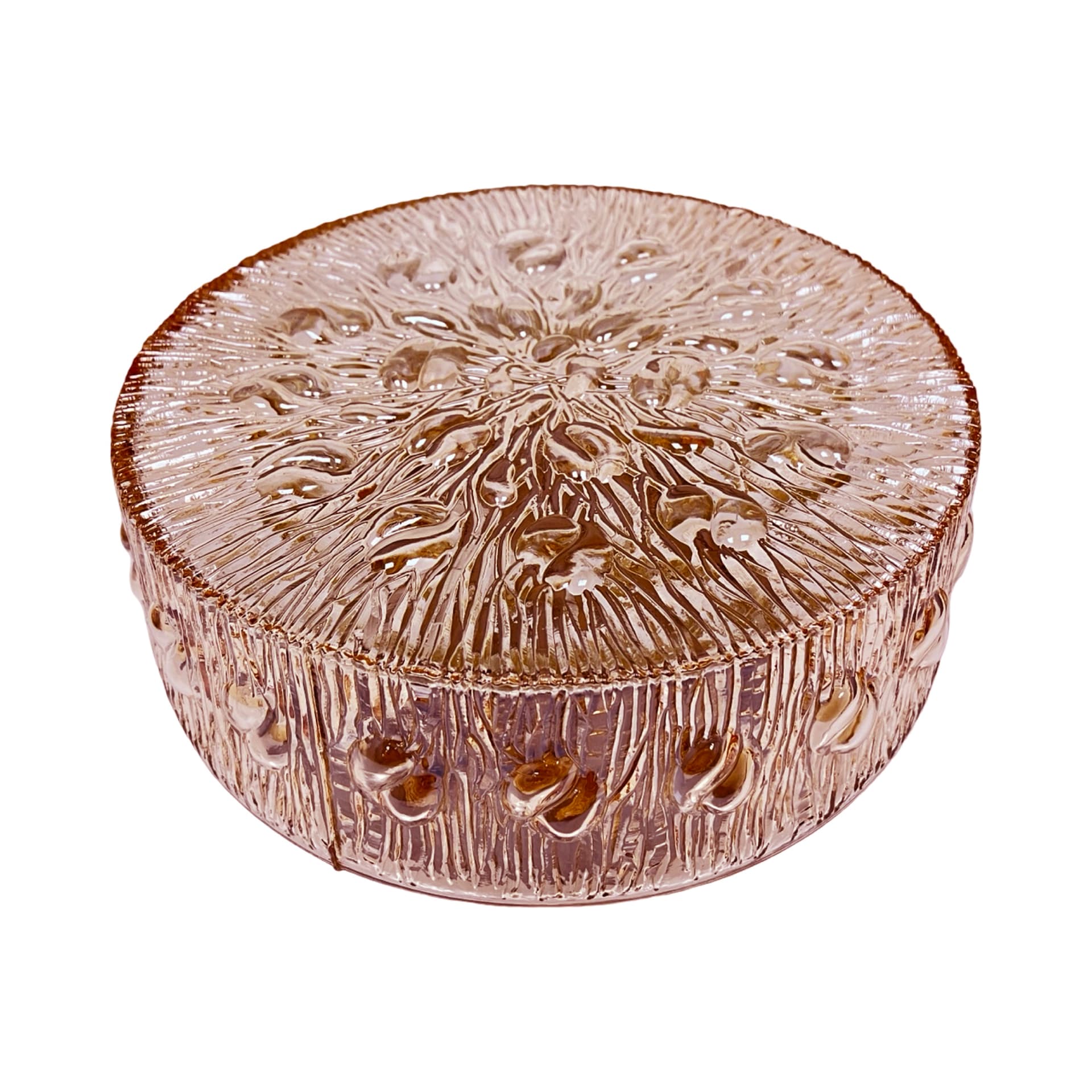 Flush mount, amber glass, gold metal, by H. Tynell, Glashütte Limburg, Germany, 1970s.