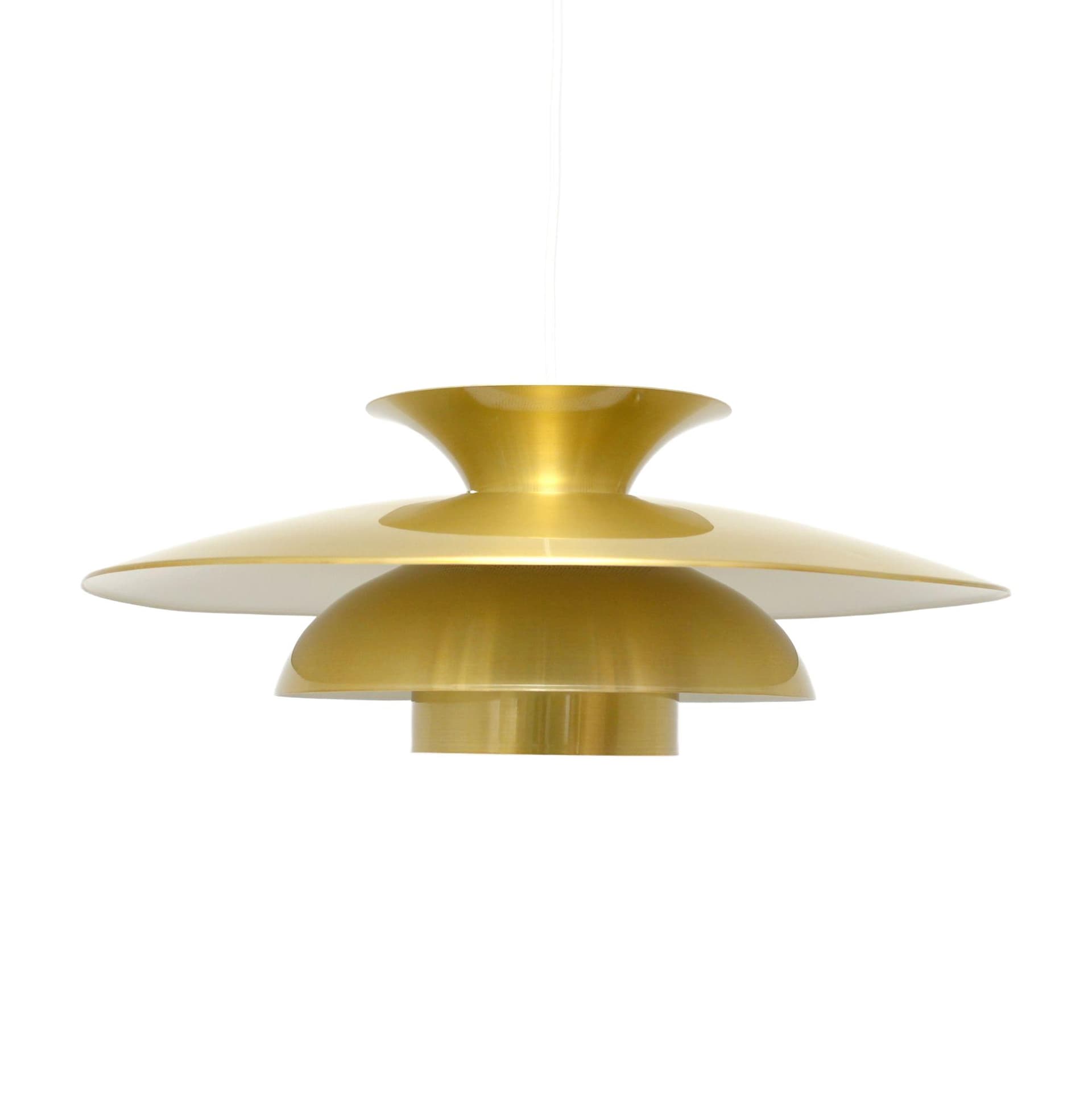 Pendant lamp, gold, aluminum, Denmark, 1970s.