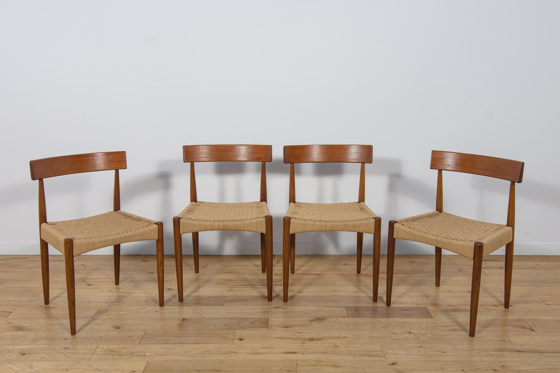 Set of four chairs, brown teak, beige cord, by A. Hovmand-Olsen, Denmark, 1960s. - 306181