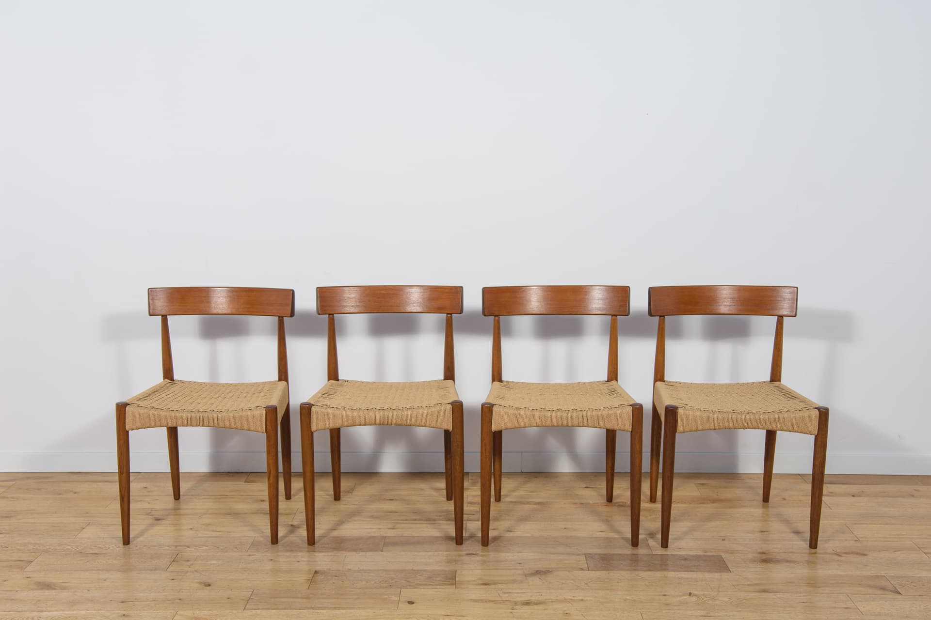 Set of four chairs, brown teak, beige cord, by A. Hovmand-Olsen, Denmark, 1960s. - 306182