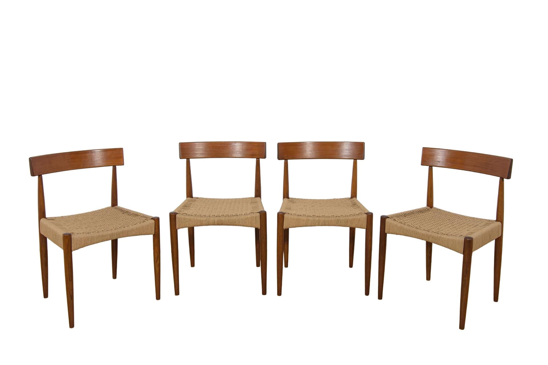 Set of four chairs, brown teak, beige cord, by A. Hovmand-Olsen, Denmark, 1960s.