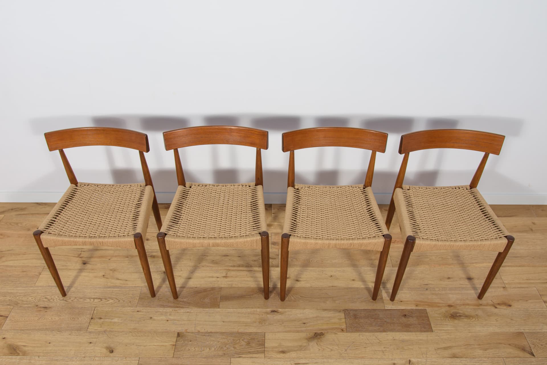 Set of four chairs, brown teak, beige cord, by A. Hovmand-Olsen, Denmark, 1960s. - 306183