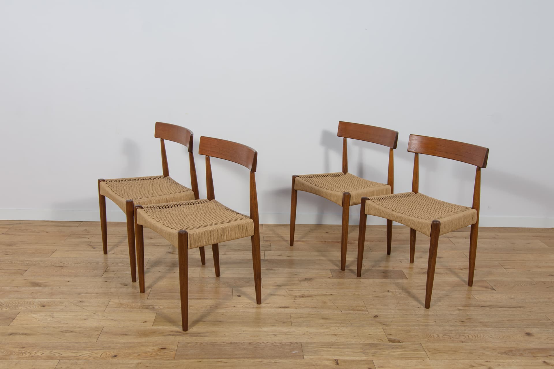 Set of four chairs, brown teak, beige cord, by A. Hovmand-Olsen, Denmark, 1960s. - 306185