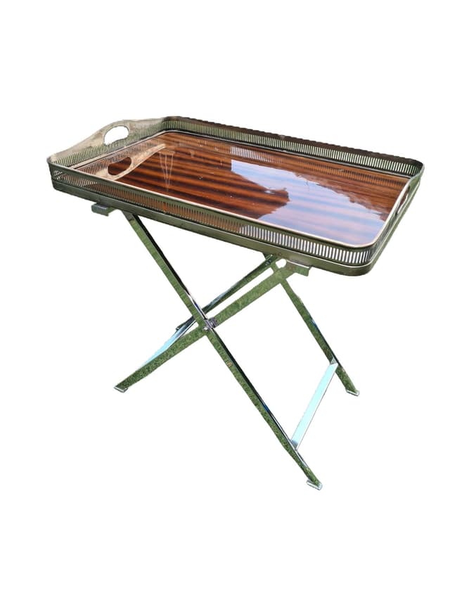 Folding side table with tray, silver chrome, brown black laminate, 1970s - DIMENSION