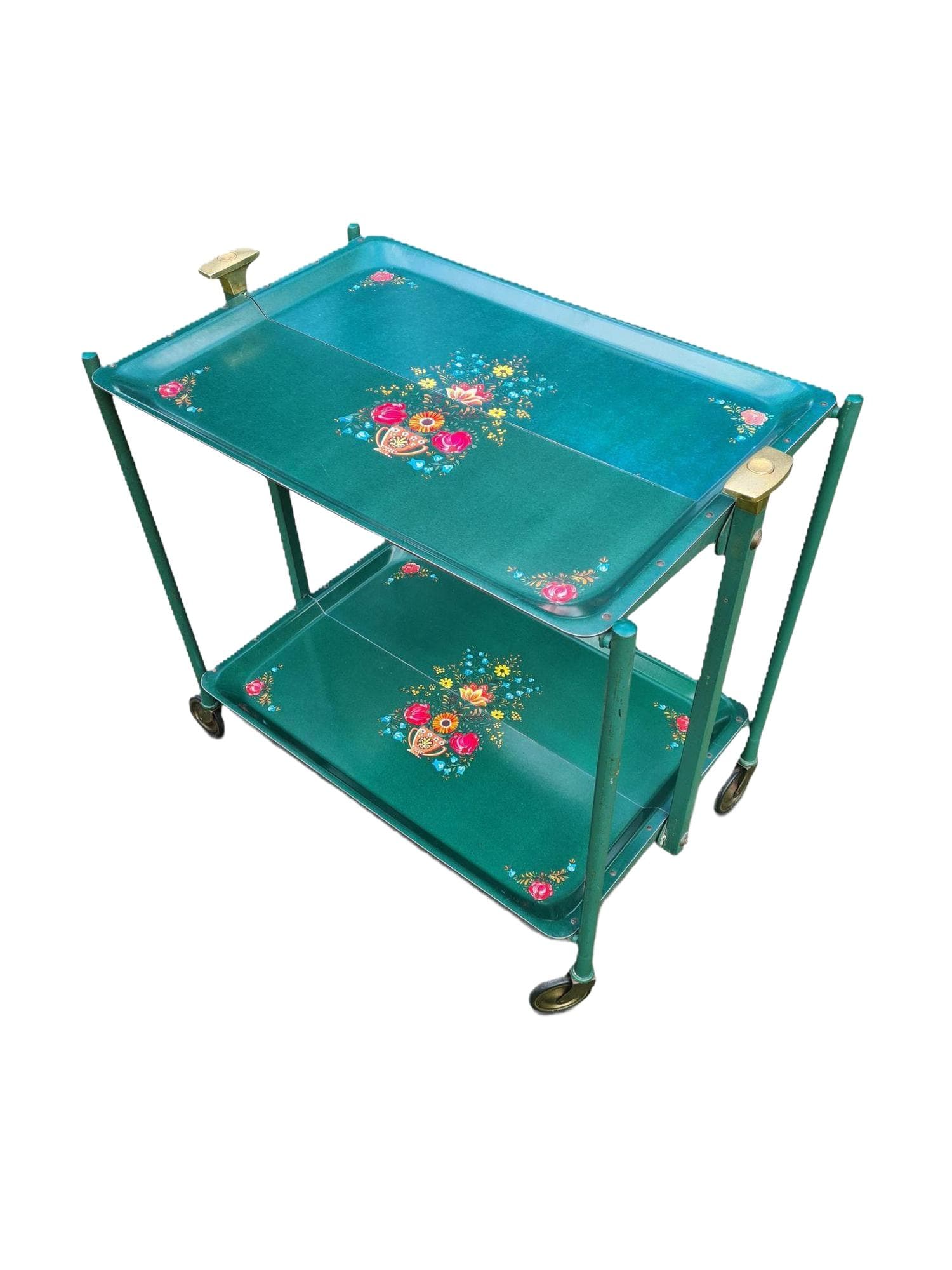 Folding bar cart, green, lacquered metal, brass accents, Western Europe, 1970s