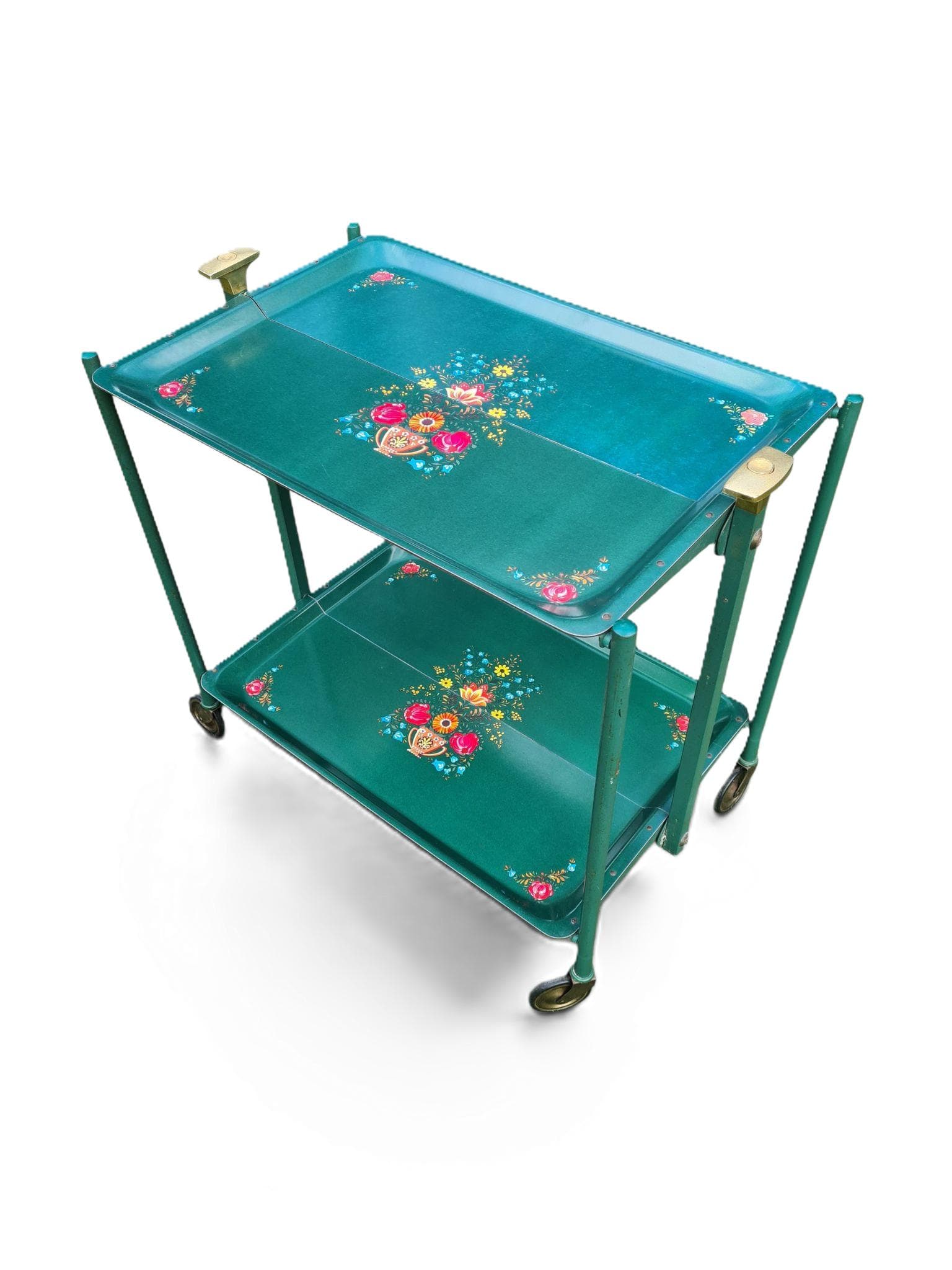 Folding bar cart, green, lacquered metal, brass accents, Western Europe, 1970s - 306225
