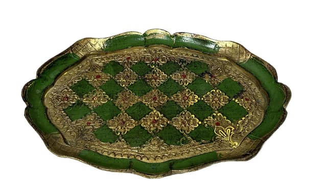 Tray Florentine, green, gold wood, Italy, 1970s. - DIMENSION