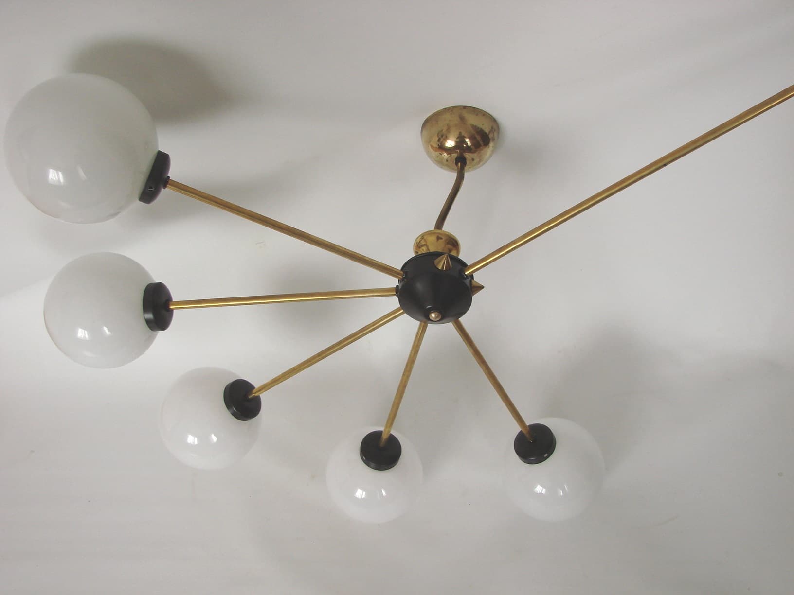 Chandelier Stilnovo, gold brass, white glass, Italy, 1960s. - 306343