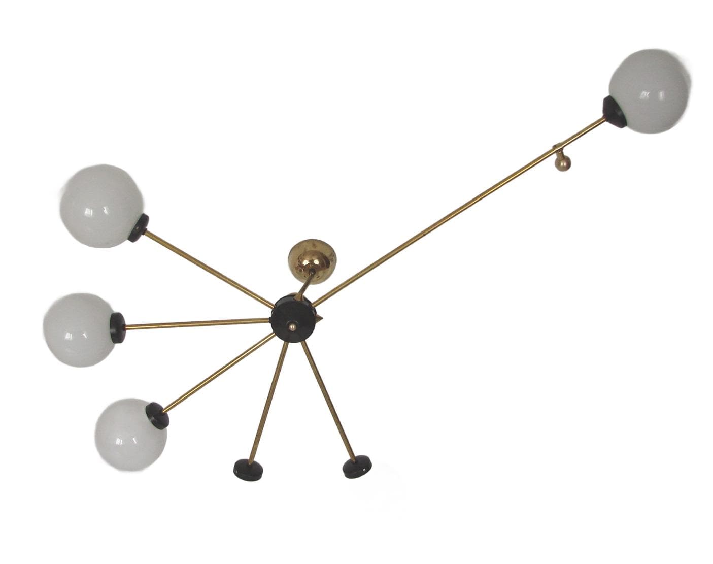 Chandelier Stilnovo, gold brass, white glass, Italy, 1960s.