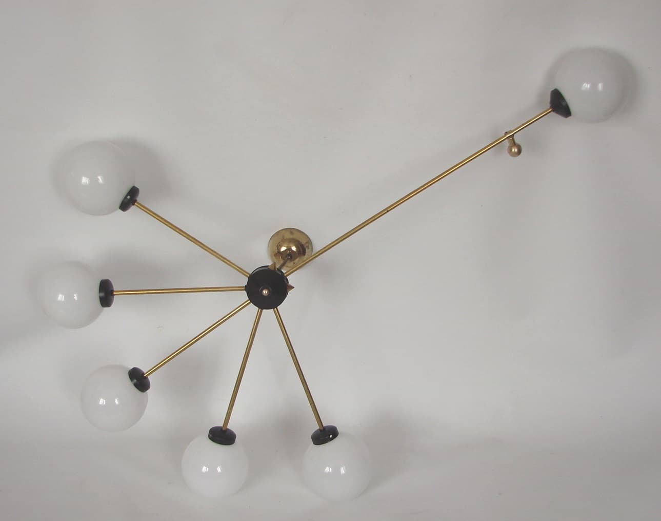 Chandelier Stilnovo, gold brass, white glass, Italy, 1960s. - 306344