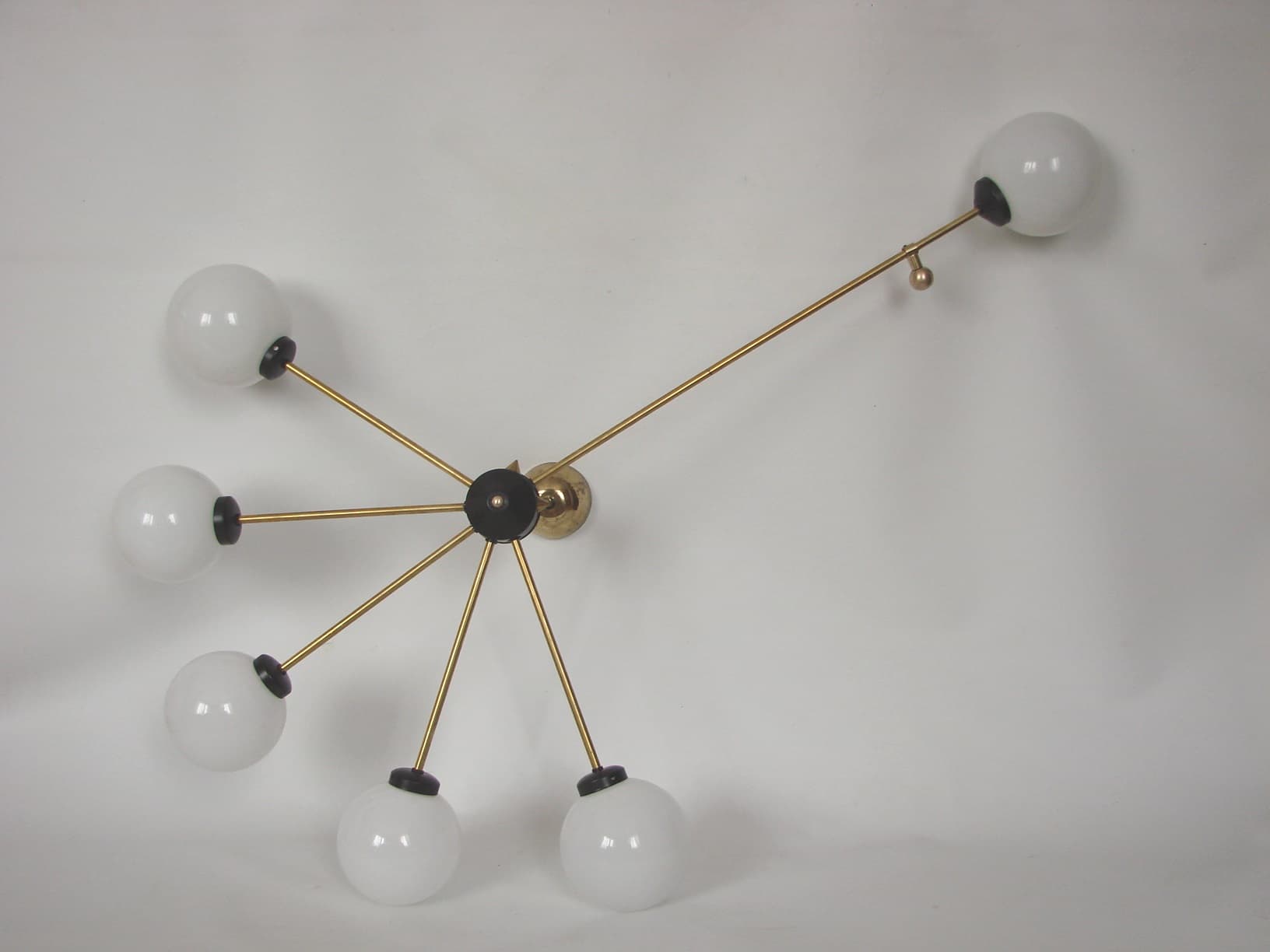 Chandelier Stilnovo, gold brass, white glass, Italy, 1960s. - 306345