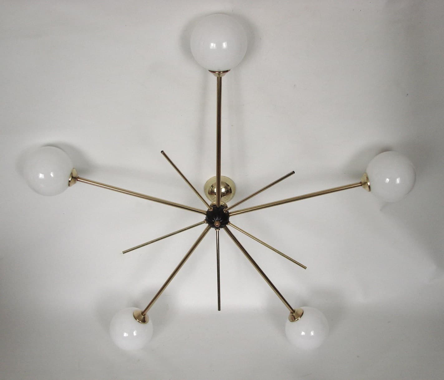 Chandelier Stilnovo, polished brass, opaline white glass, Italy, 1960s. - 306346